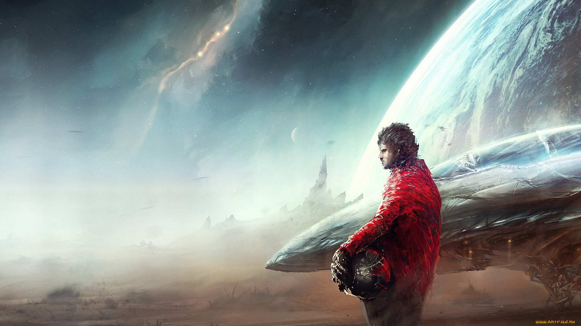 фэнтези, иные, миры, , иные, времена, looking, away, fantasy, art, digital, artwork, planet, stars, spaceship, thoughtful, mood, thinking, space, suit, astronaut, helmet