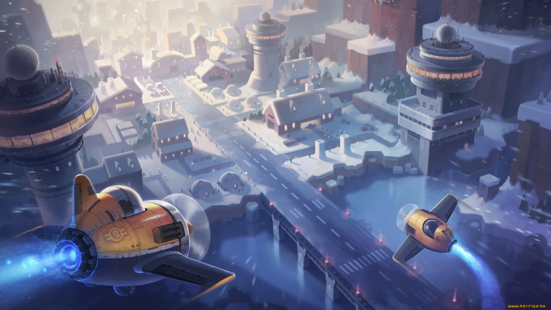 фэнтези, иные, миры, , иные, времена, maplestory2, illustration, город, зима, jay, kim, самолётик, детская, арт