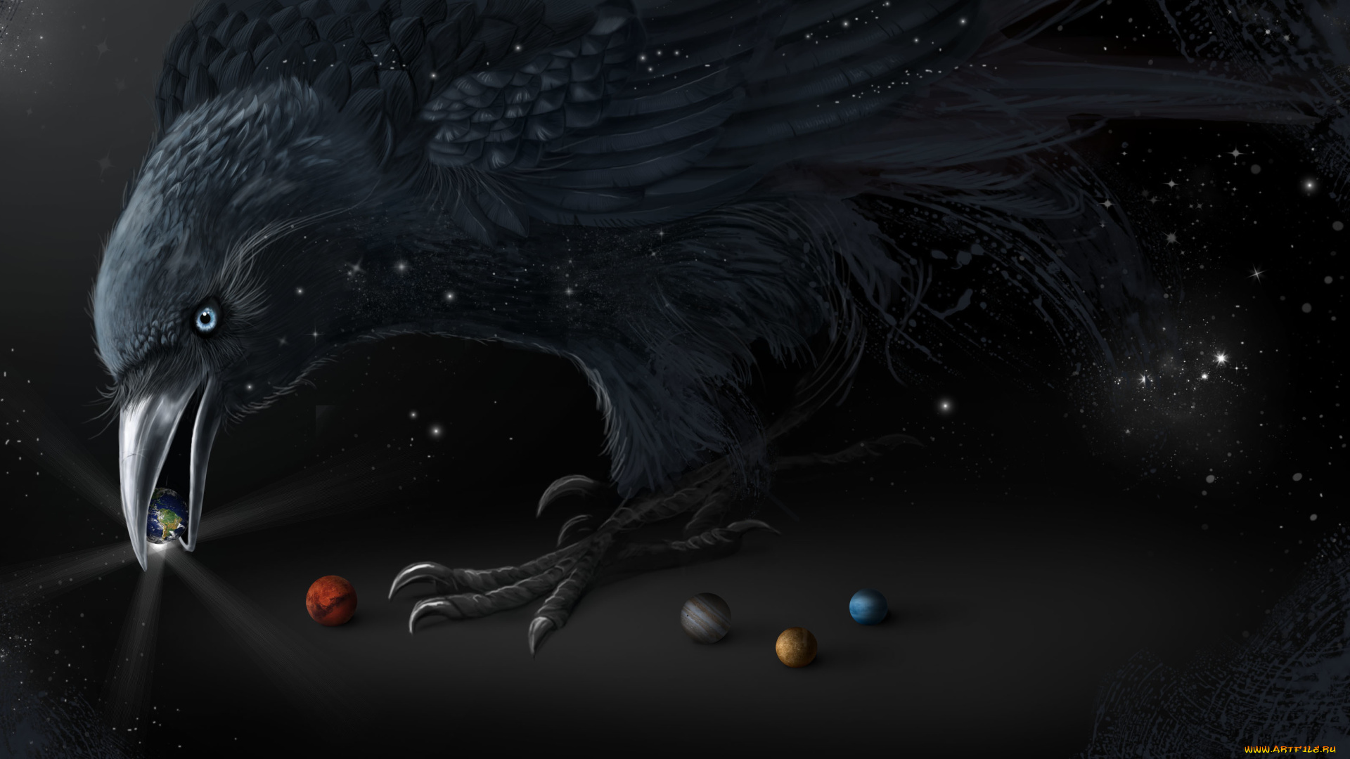 фэнтези, существа, арт, черный, ворон, планеты, птица, клюв