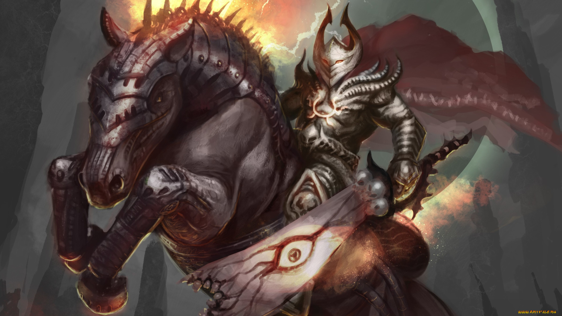 фэнтези, существа, доспех, воин, арт, броня, меч, конь, молнии