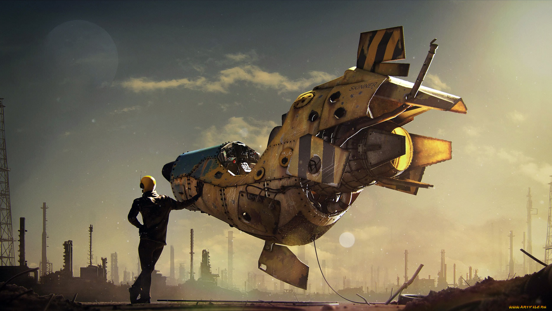 фэнтези, транспортные, средства, helmet, sky, oil, well, moon, pilot, drill, fantasy, art, spaceship, digital, astronaut, science, fiction, suit, artwork, man, stars, sci-fi