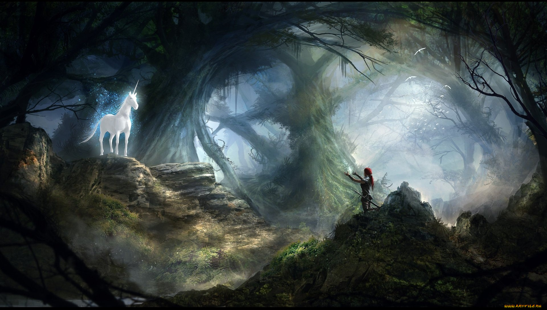 фэнтези, единороги, женщина, камни, unicorn, встреча, зов, лес, единорог