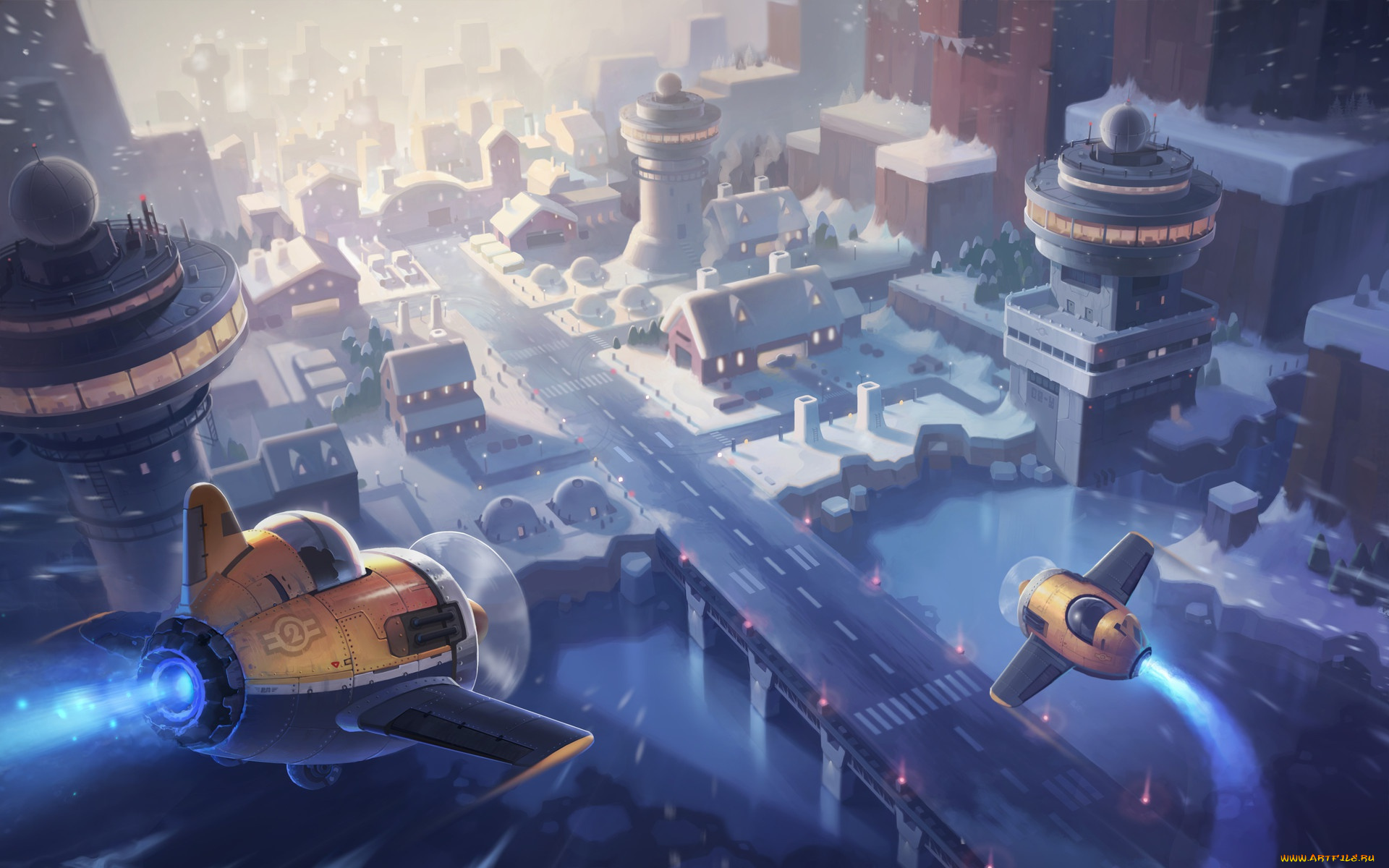 фэнтези, иные, миры, , иные, времена, maplestory2, illustration, город, зима, jay, kim, самолётик, детская, арт