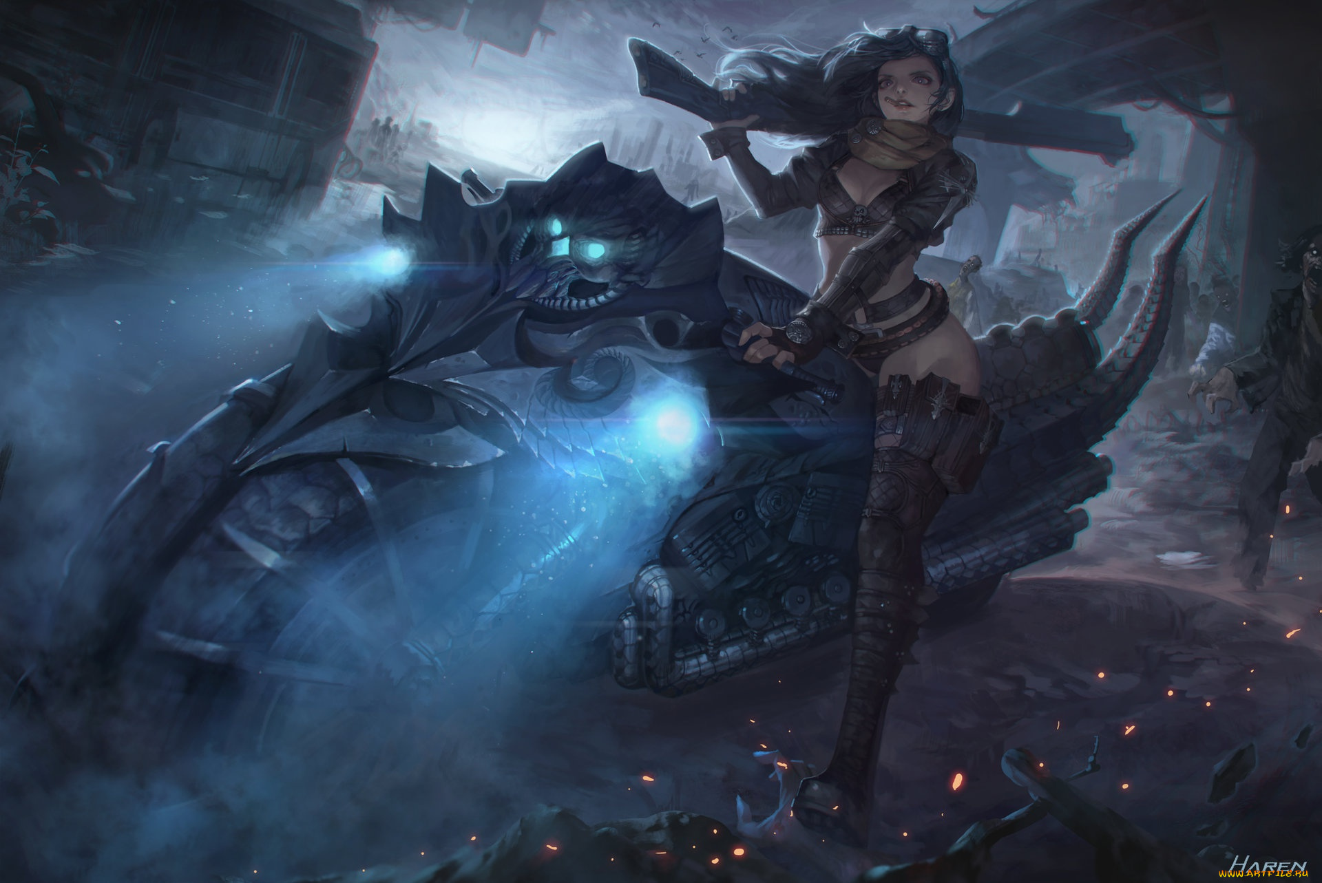 фэнтези, девушки, personal, work, -, zombie, huntress, оружие, город, арт, байк