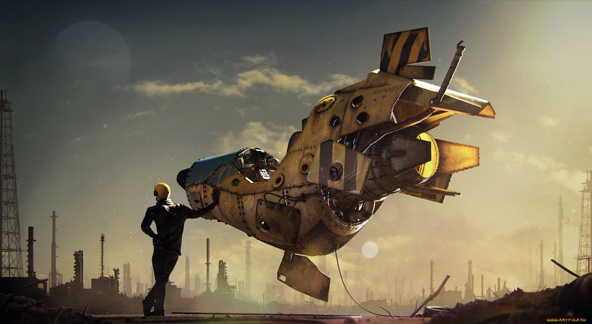 фэнтези, транспортные, средства, helmet, sky, oil, well, moon, pilot, drill, fantasy, art, spaceship, digital, astronaut, science, fiction, suit, artwork, man, stars, sci-fi