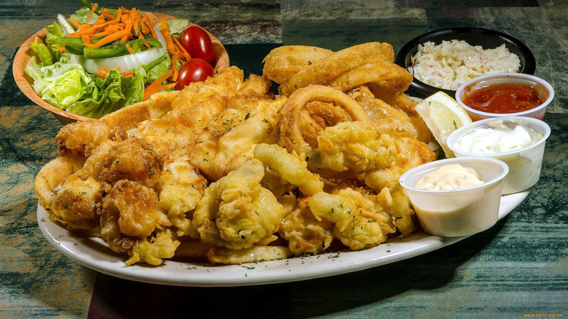 еда, рыбные, блюда, , с, морепродуктами, рыба, кальмар