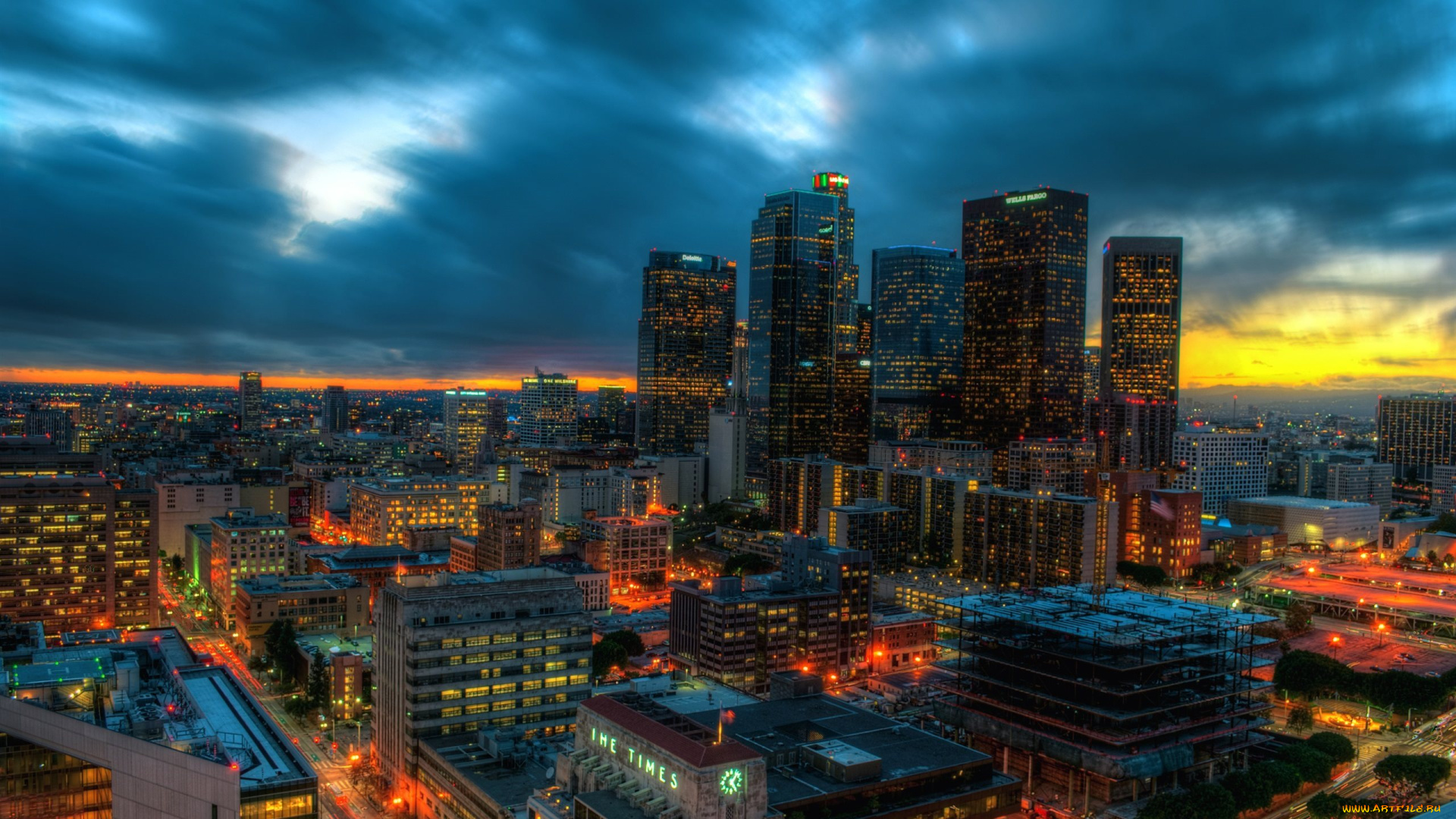 города, лос-анджелес, , сша, облака, вечер, закат