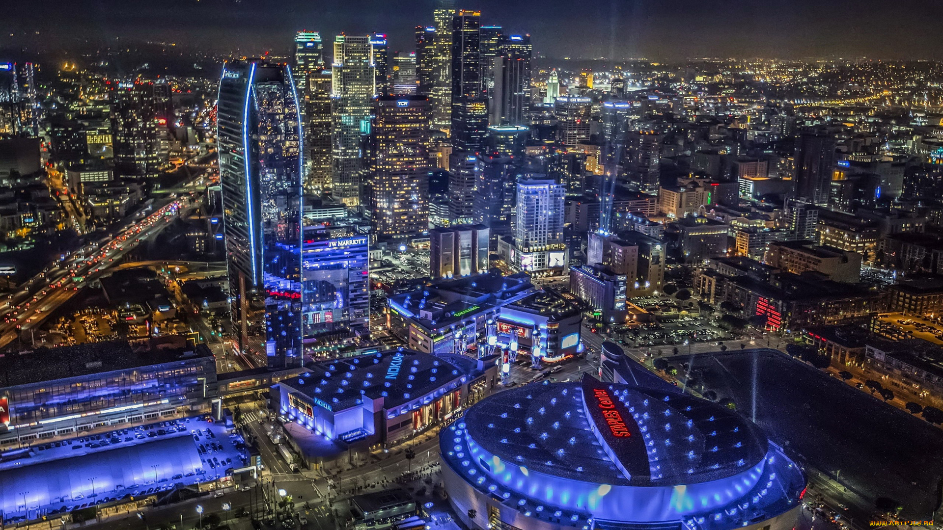 города, лос-анджелес, , сша, панорама, огни, вечер