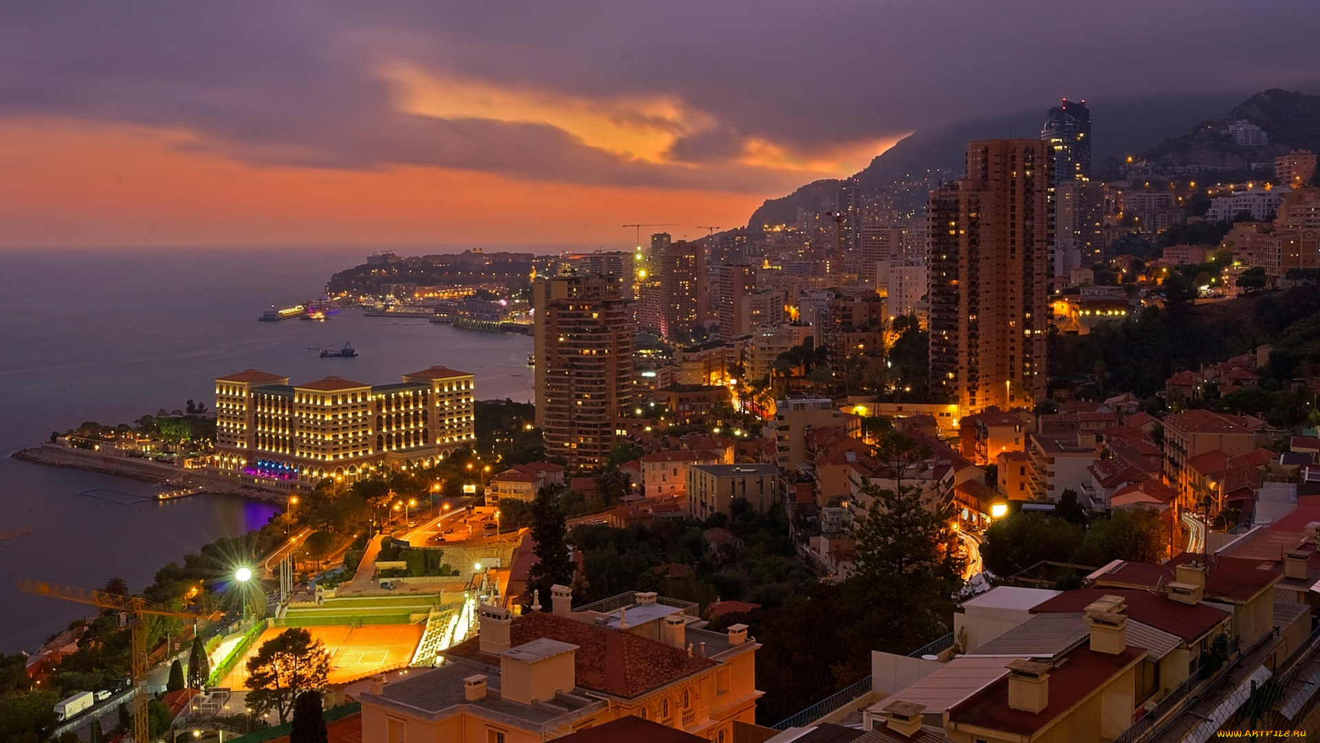 города, монте-карло, , монако, огни, вечер, панорама