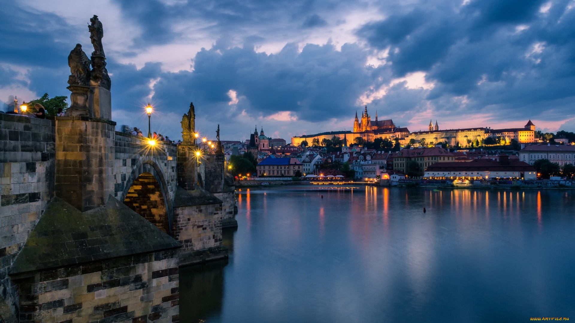 города, прага, , чехия, влтава, река, вечер