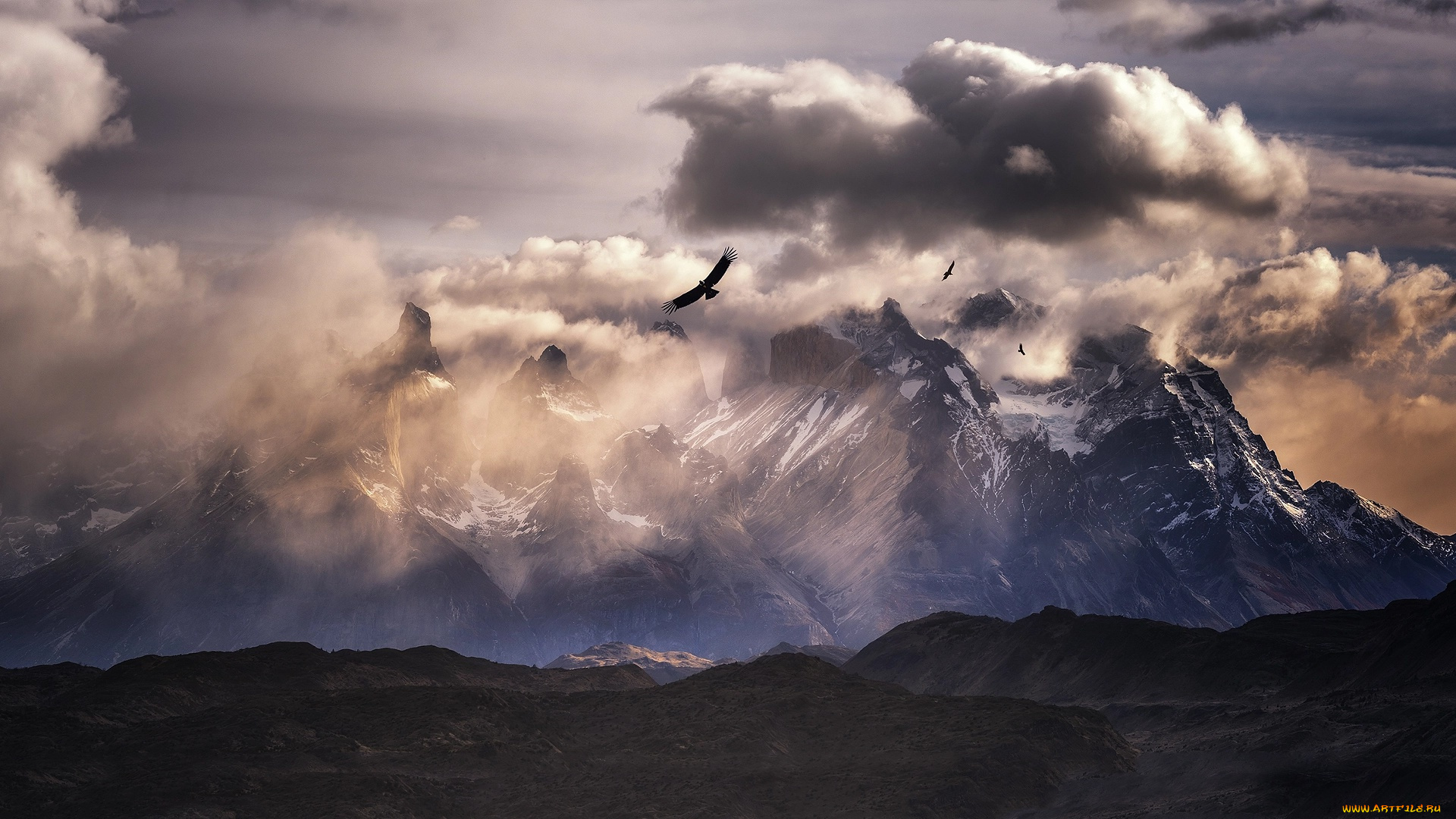 природа, горы, южная, америка, облака, небо, птицы