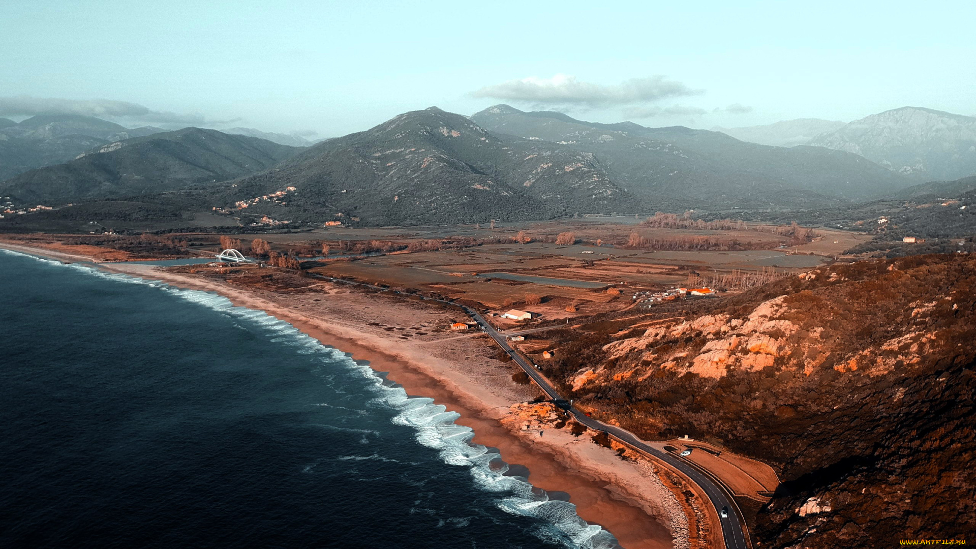 природа, побережье, залив, шоссе, горы