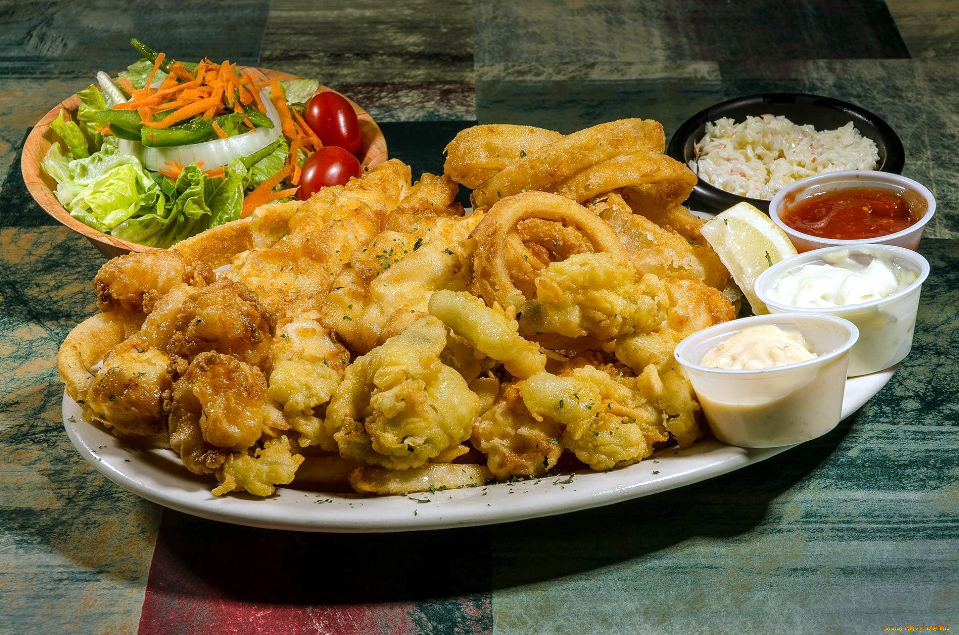 еда, рыбные, блюда, , с, морепродуктами, рыба, кальмар