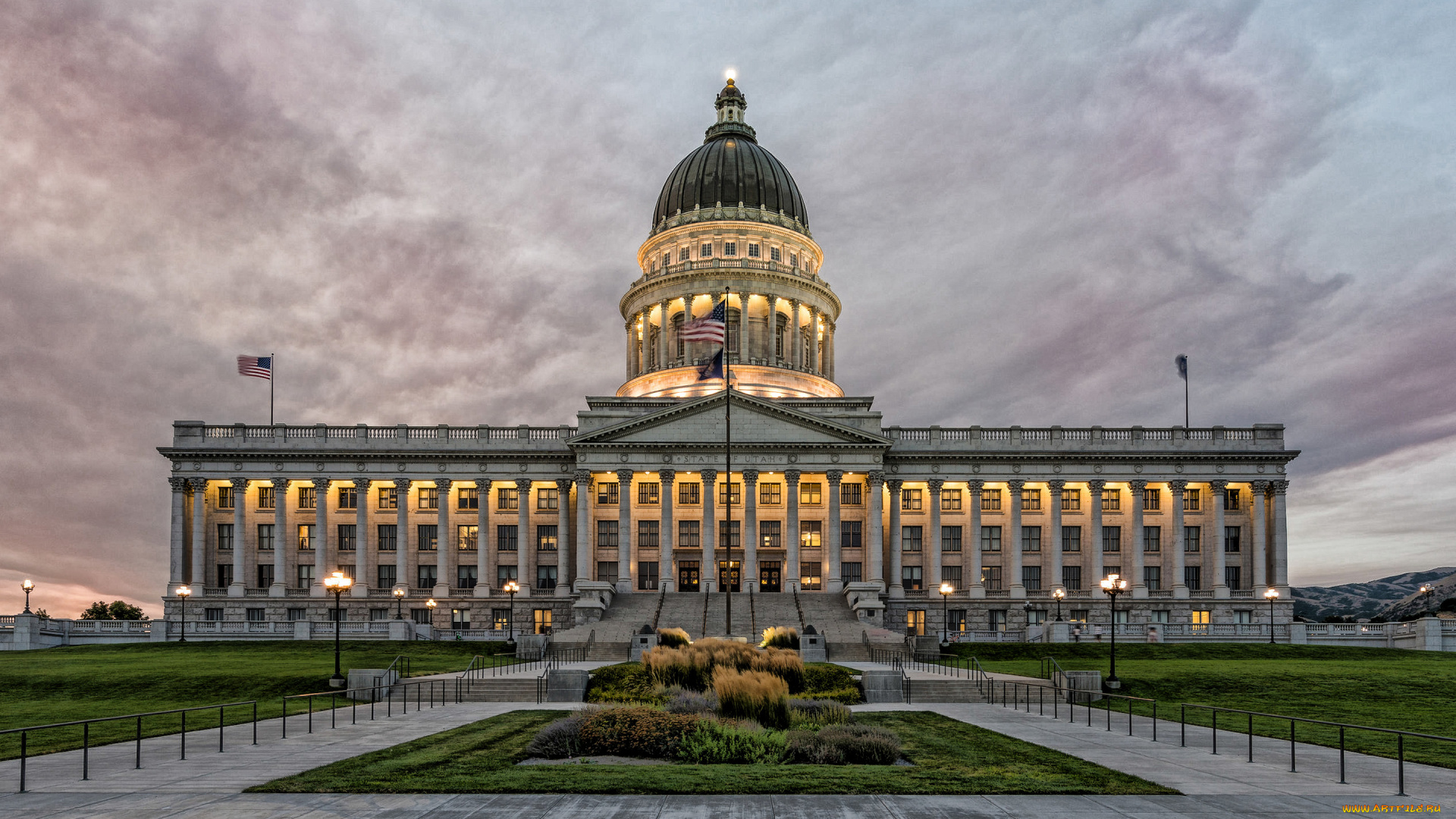 города, -, здания, , дома, капитолий, штат, юта, солт, лейк, сити, вечер, закат, флаг, сша, флагшток, дом, правительства