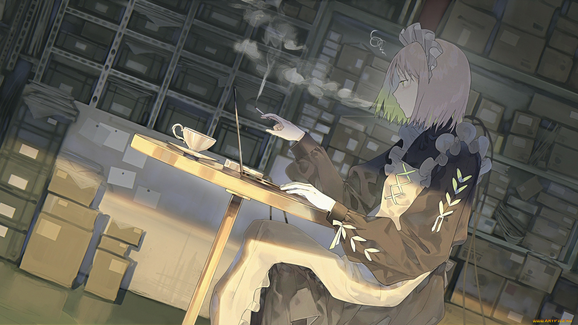 аниме, город, , улицы, , интерьер, , здания, девушка, сигарета, ноутбук, чашка, посылки, стол