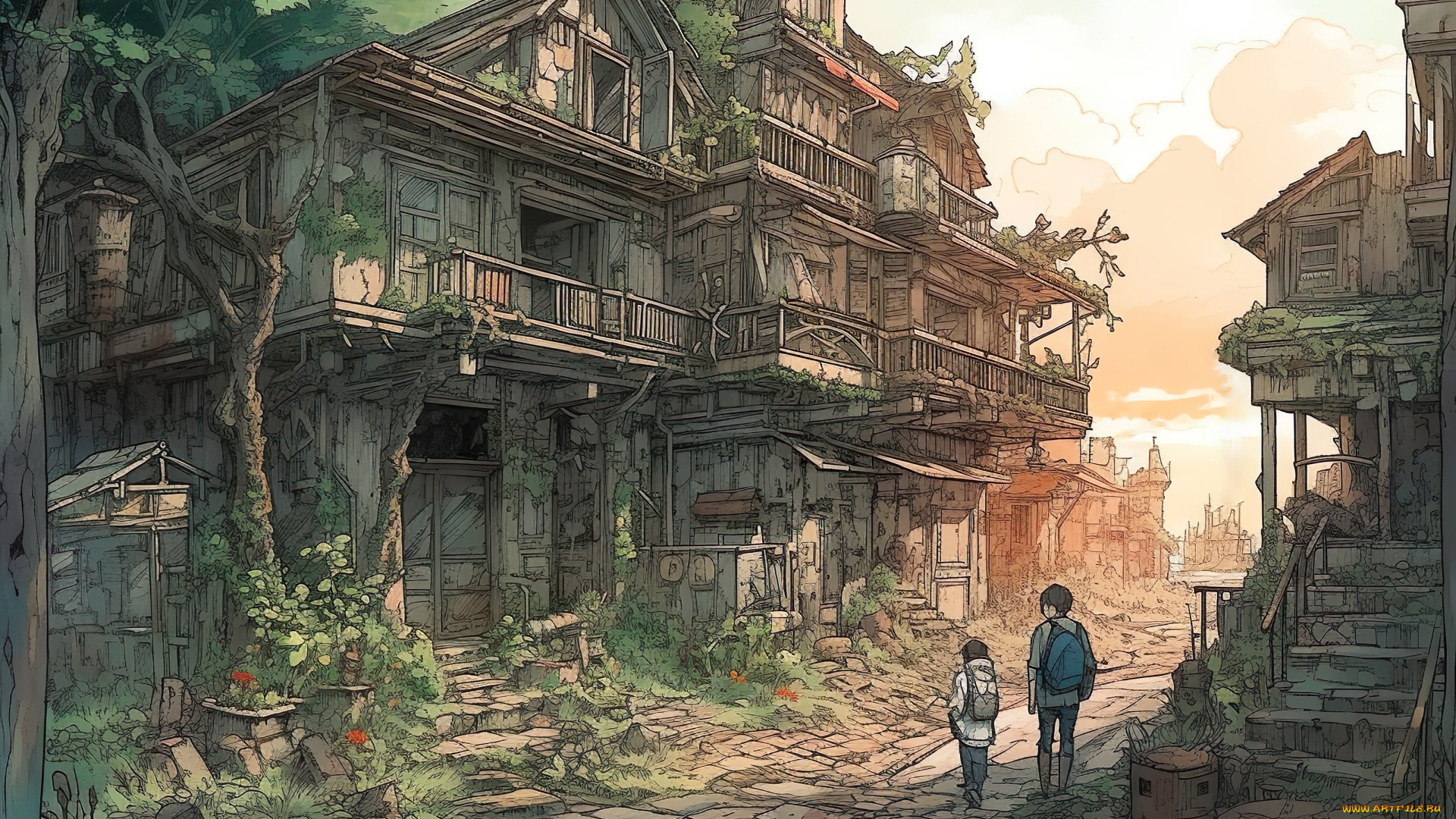 аниме, город, , улицы, , интерьер, , здания, старый, заросший, дом