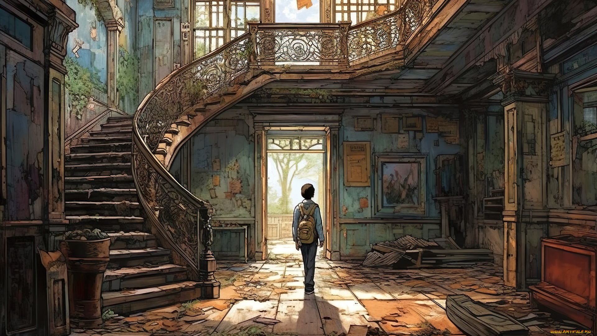 аниме, город, , улицы, , интерьер, , здания, старый, заросший, дом