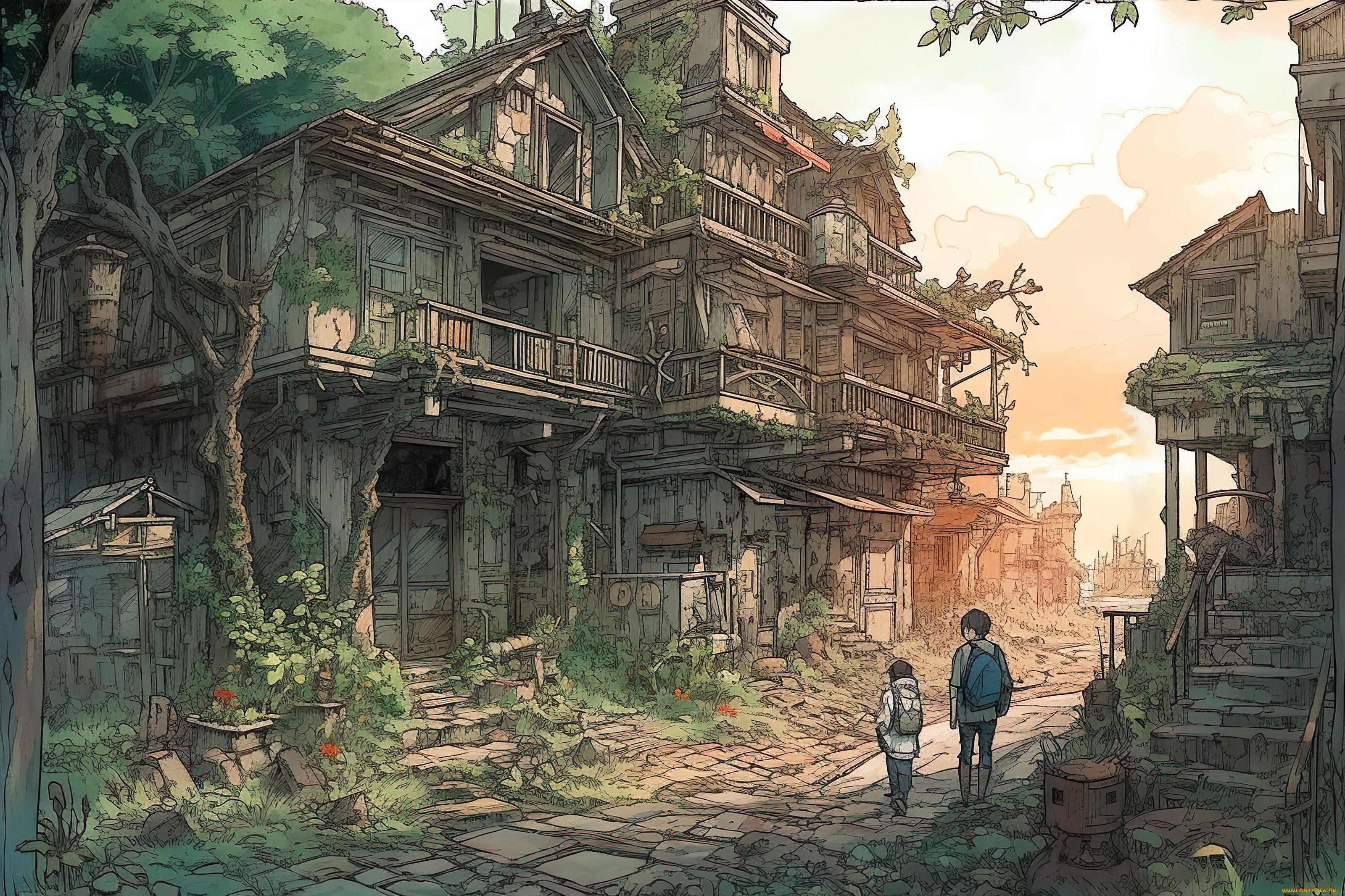 аниме, город, , улицы, , интерьер, , здания, старый, заросший, дом