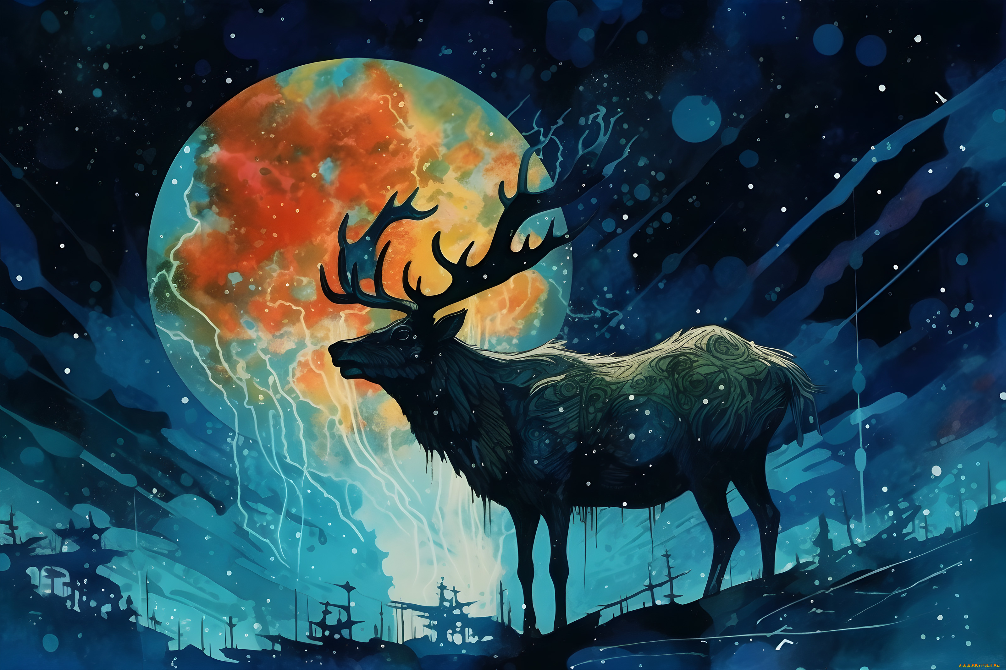 рисованное, животные, олень