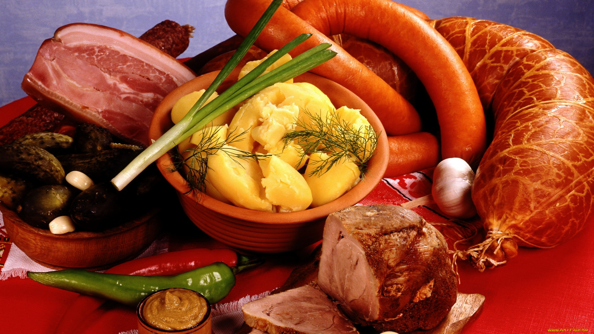еда, колбасные, изделия, картофель, огурцы, колбаса, перец
