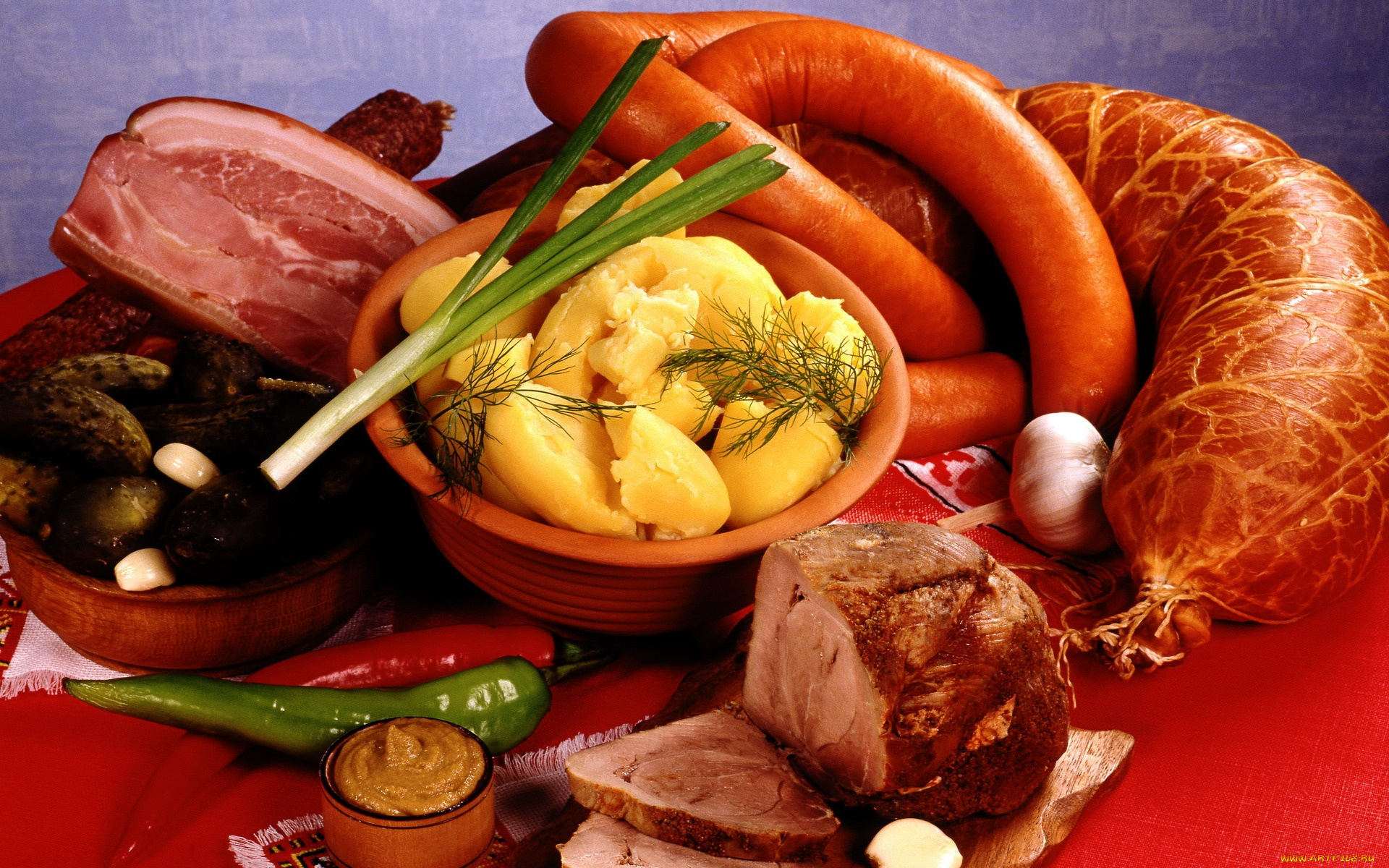 еда, колбасные, изделия, картофель, огурцы, колбаса, перец