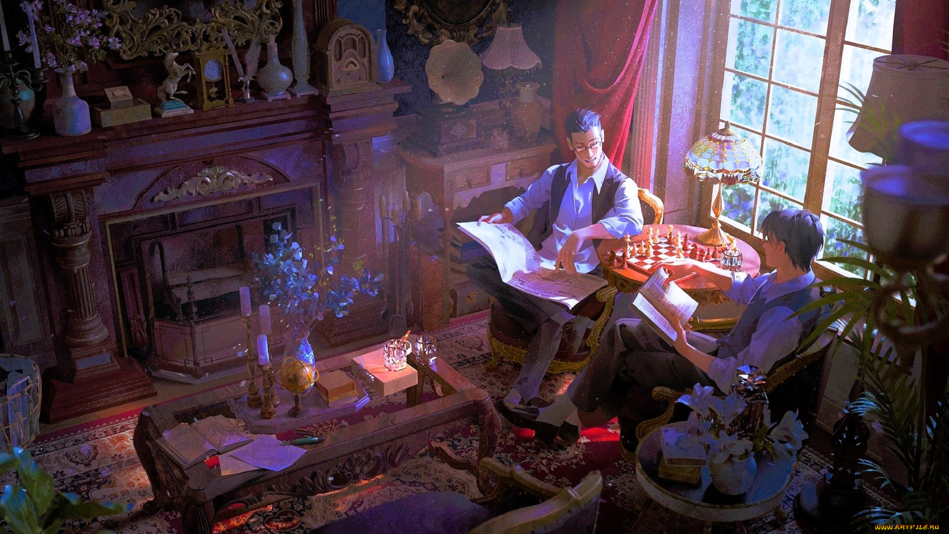аниме, fullmetal, alchemist, люди, комната, камин, столы, газета, книга
