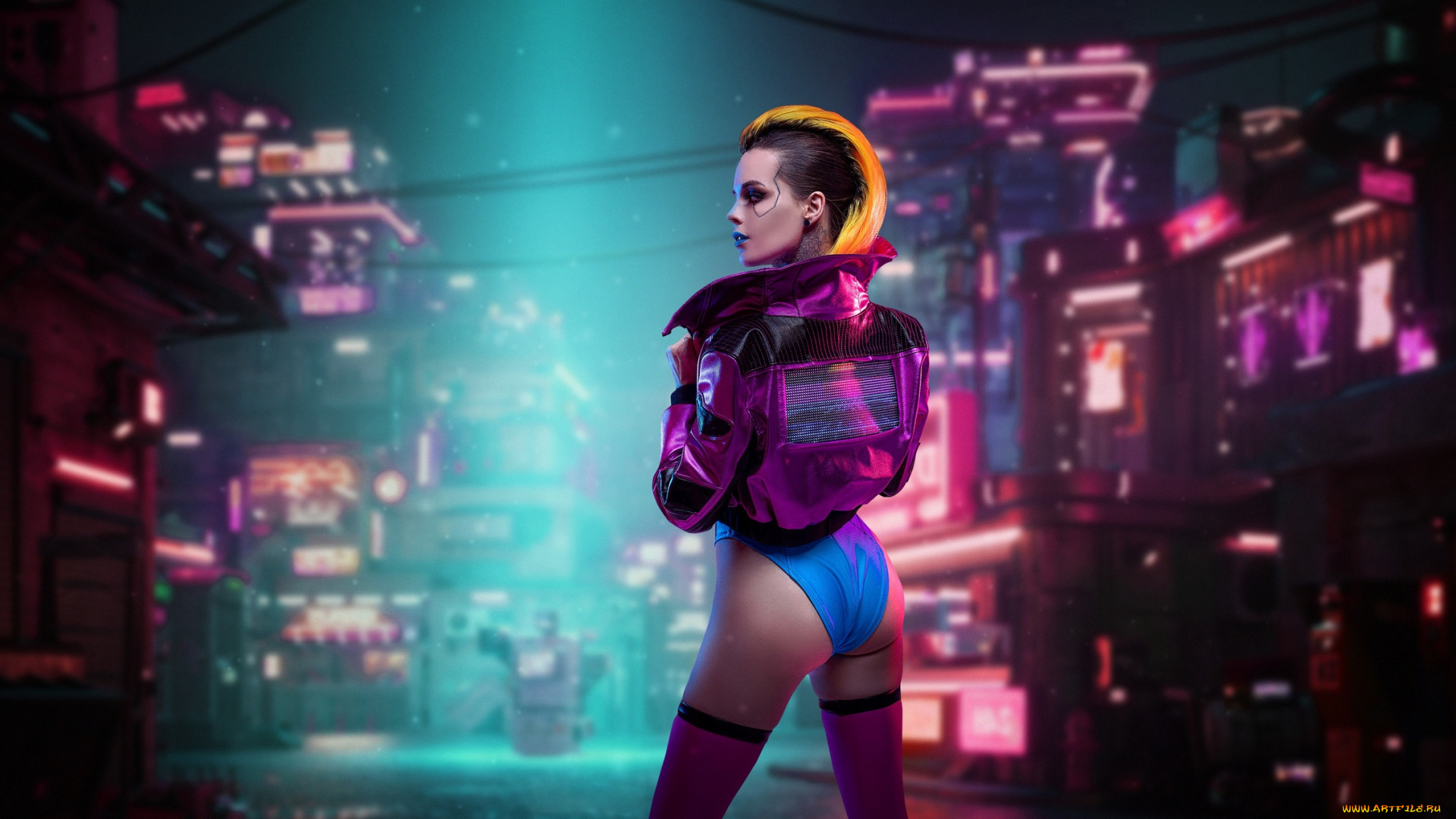 девушка, девушки, -, креатив, , косплей, взгляд, фигурка, ножки, попка, город, улица, трусики, прическа, куртка