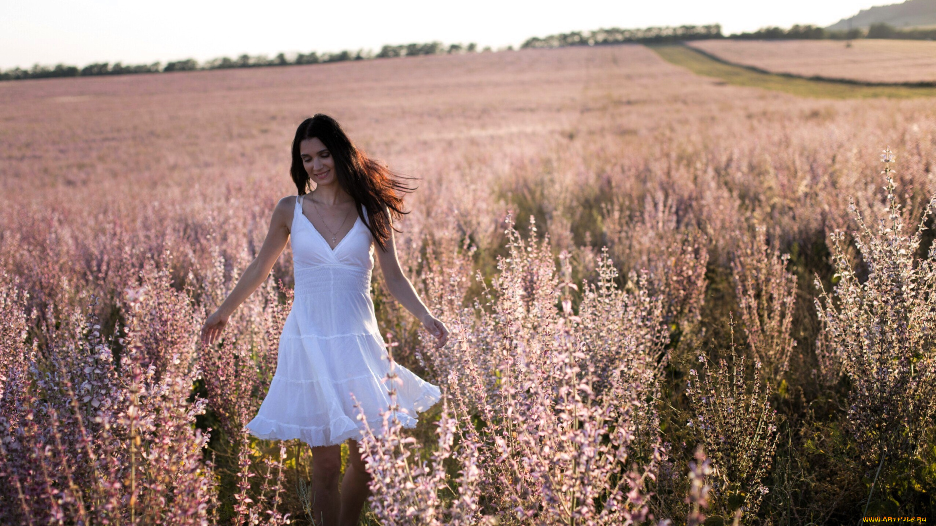 девушки, -, брюнетки, , шатенки, шатенка, платье, поле