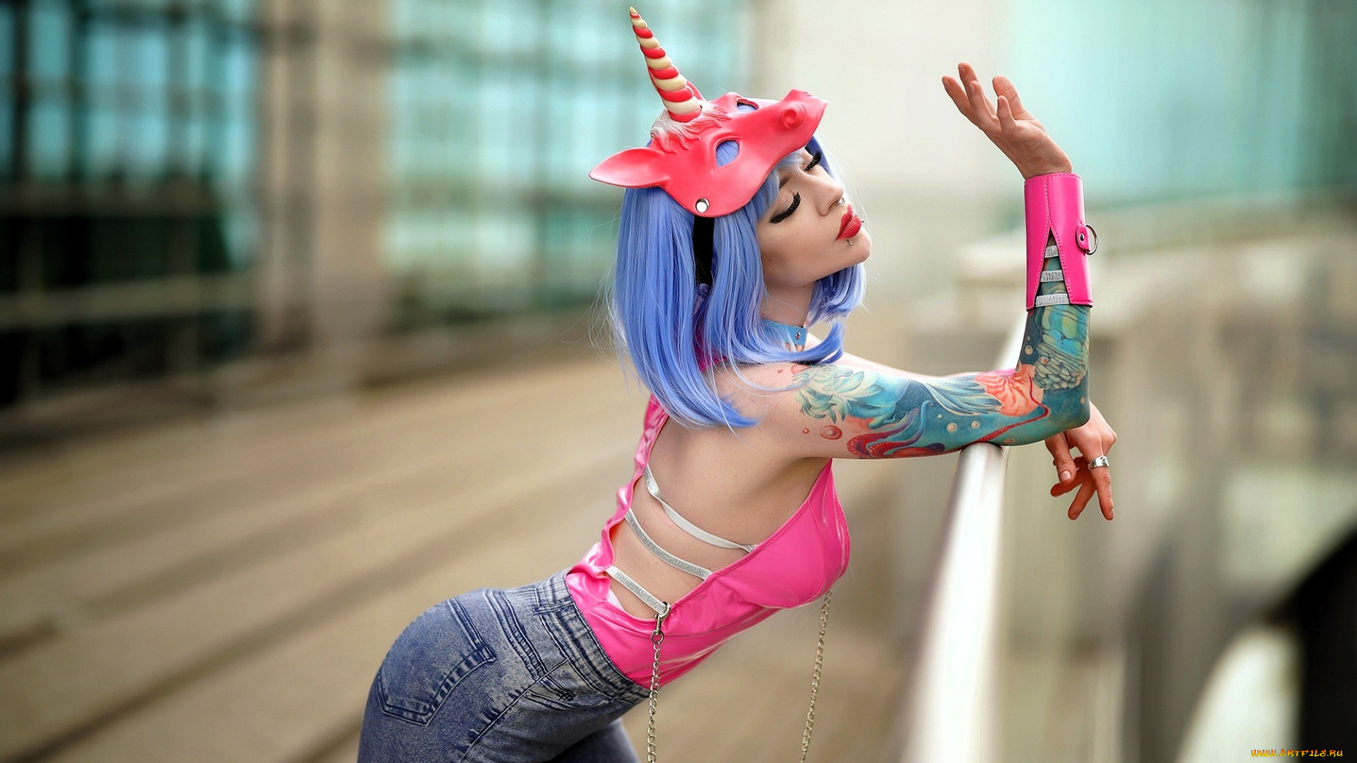 девушки, -, креатив, , косплей, образ, косплей, маска, единорог, топ, тату, джинсы