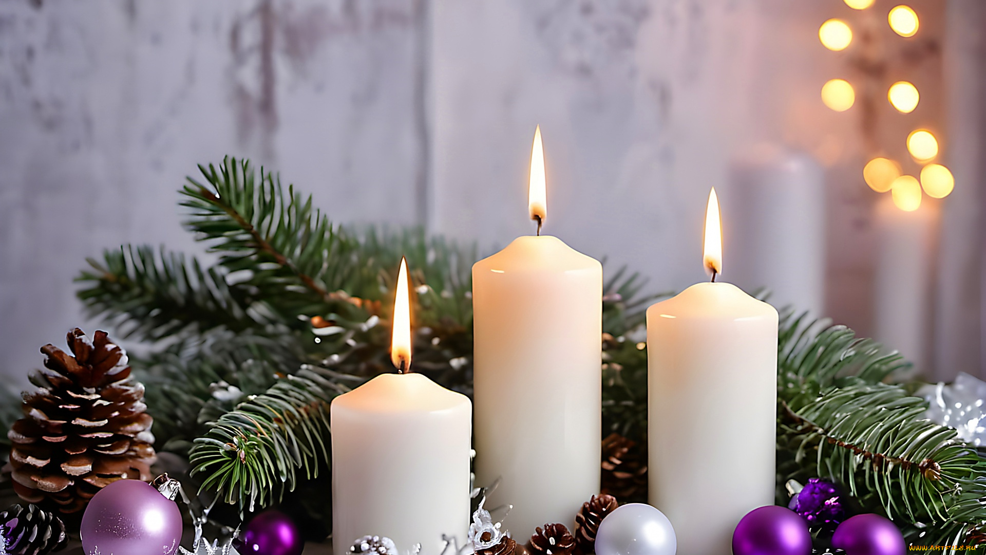 праздничные, новогодние, свечи, шишки, свечи, огоньки, шарики