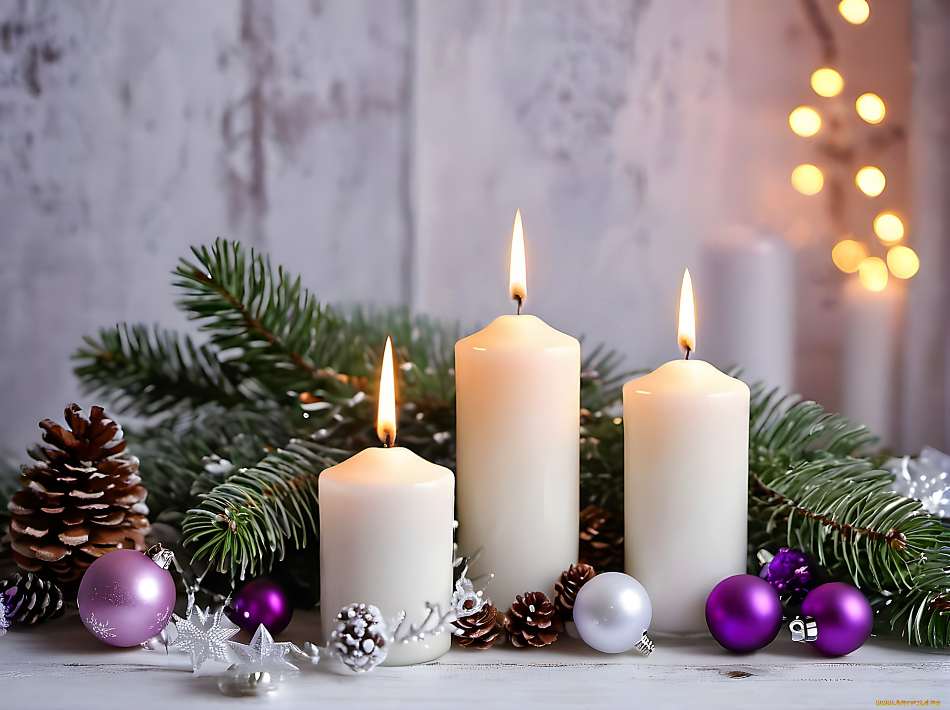 праздничные, новогодние, свечи, шишки, свечи, огоньки, шарики