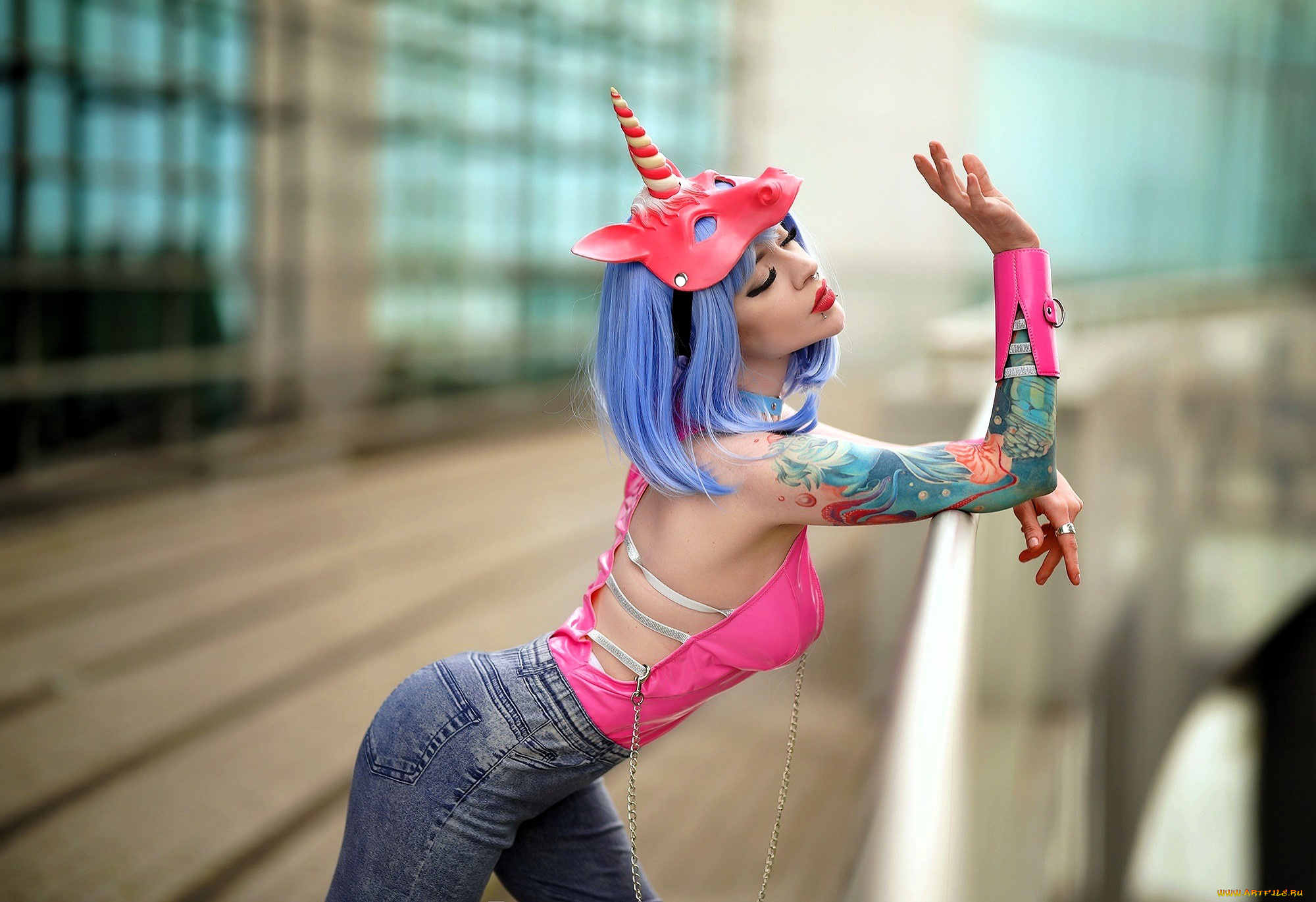 девушки, -, креатив, , косплей, образ, косплей, маска, единорог, топ, тату, джинсы