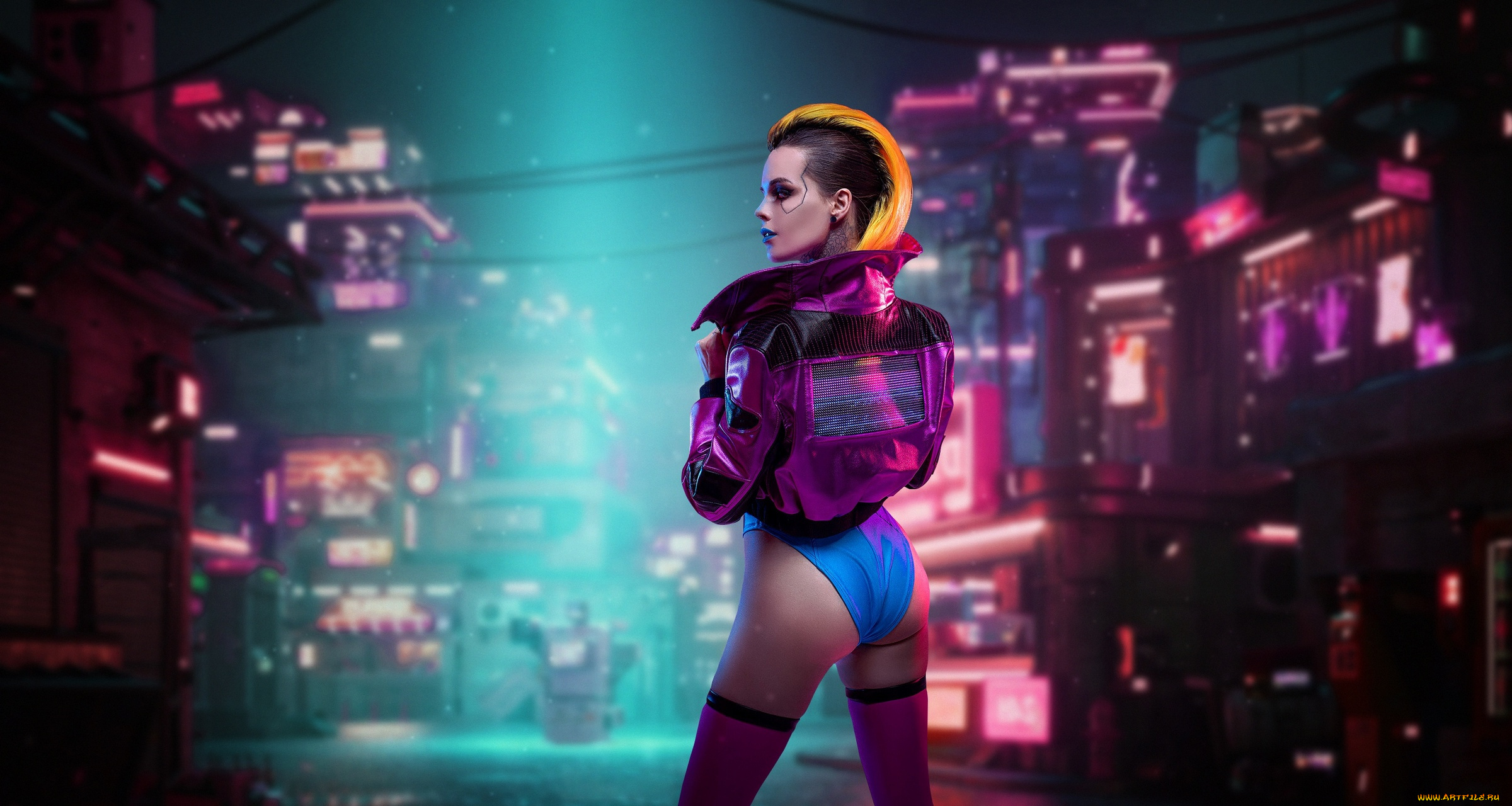 девушка, девушки, -, креатив, , косплей, взгляд, фигурка, ножки, попка, город, улица, трусики, прическа, куртка