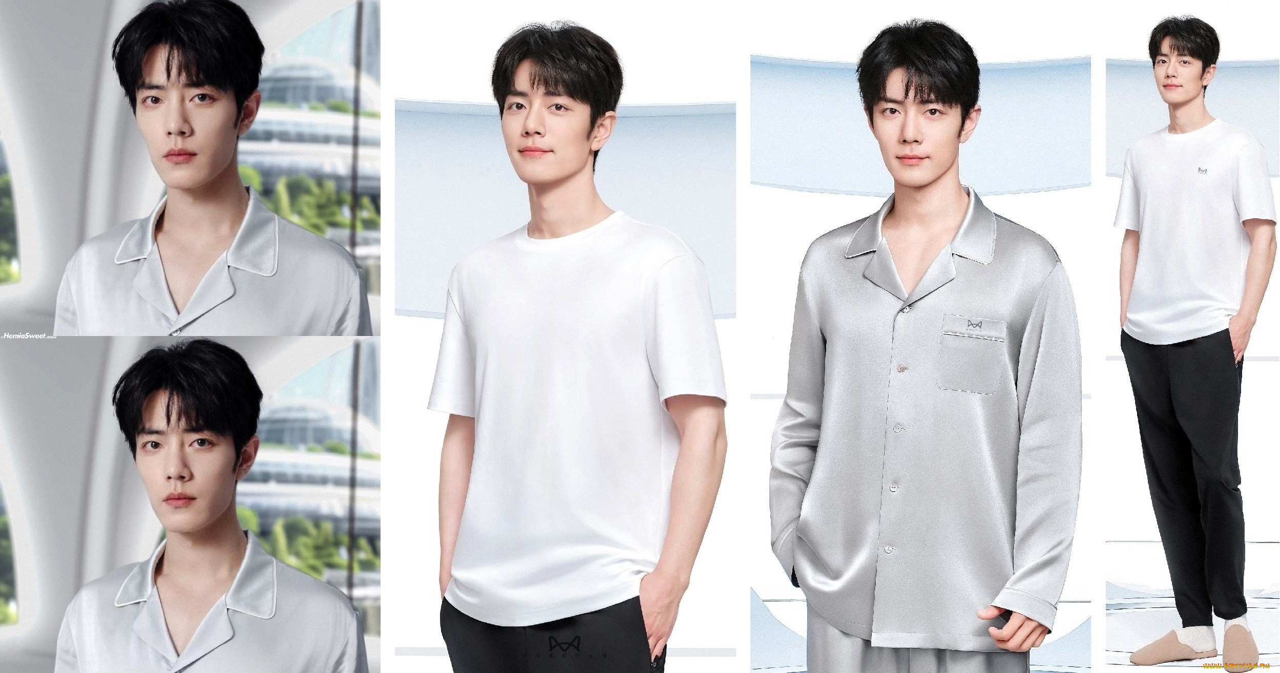 мужчины, xiao, zhan, актер, пижама, футболка, штаны, тапки, коллаж