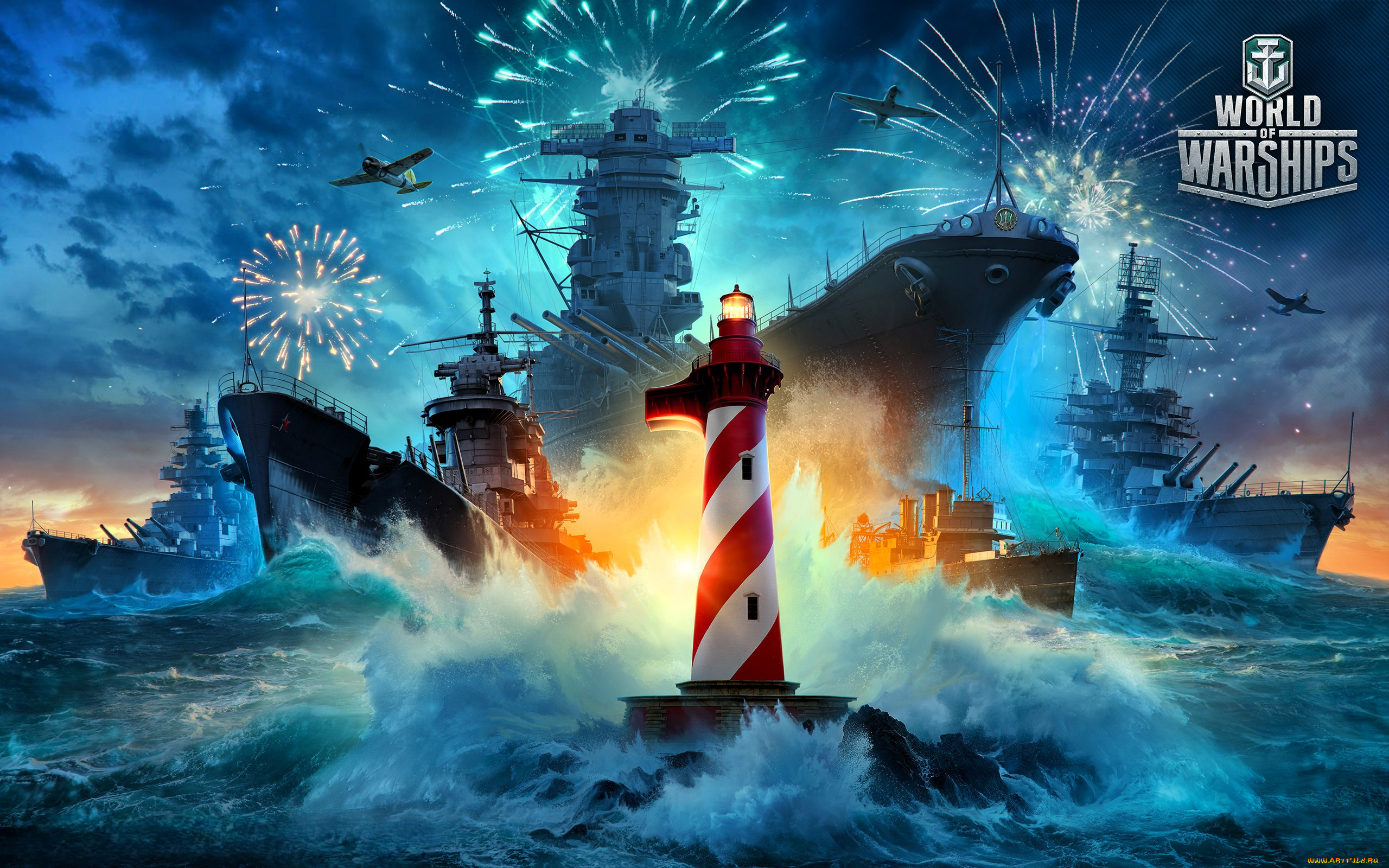видео, игры, world, of, warships, корабли, салют, море, самолеты, маяк