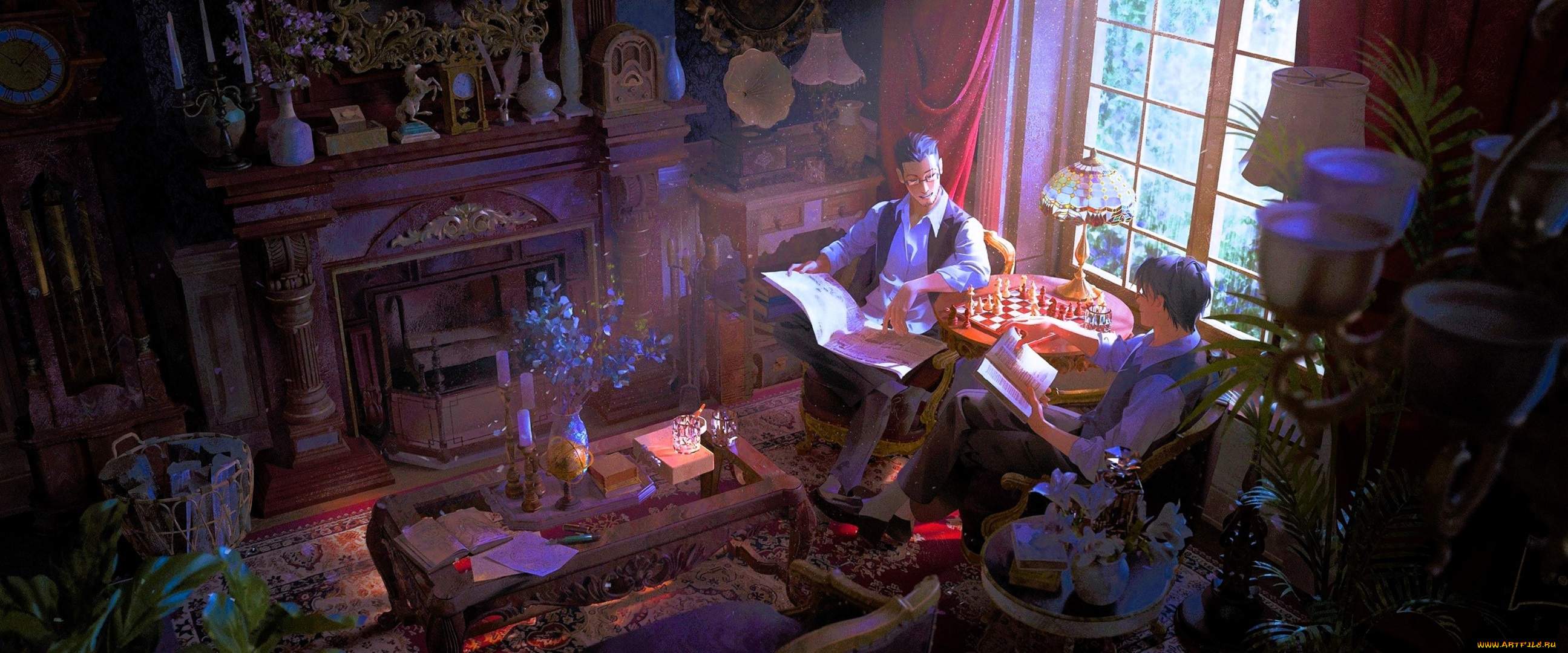 аниме, fullmetal, alchemist, люди, комната, камин, столы, газета, книга