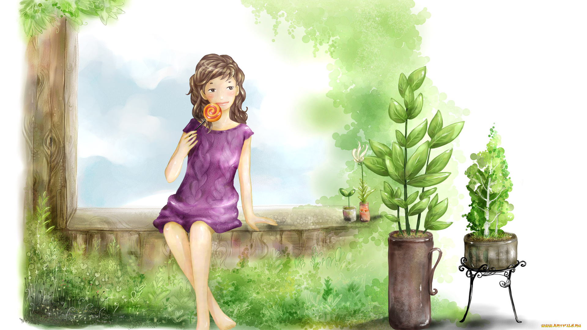 рисованные, дети, леденец, девочка