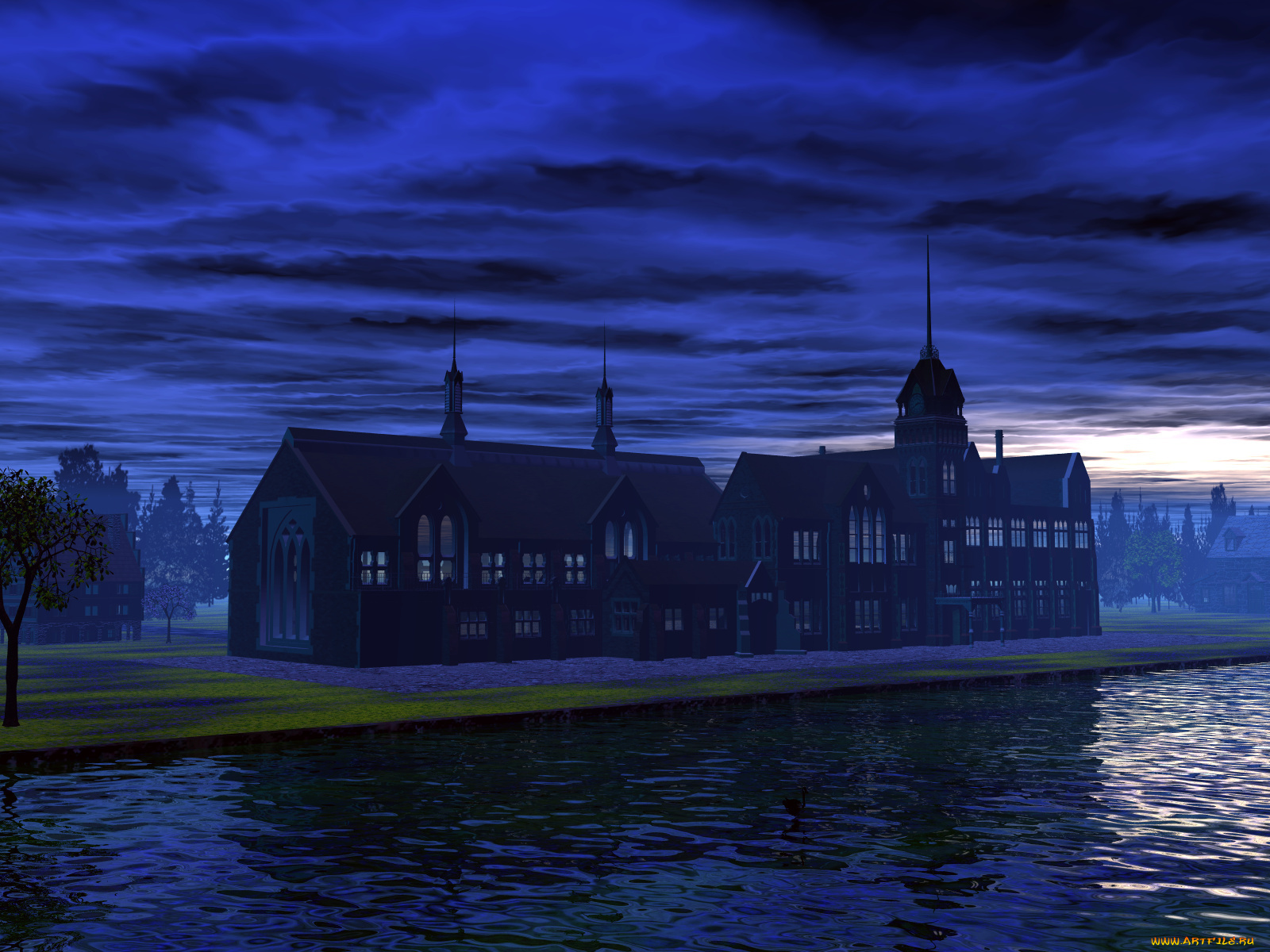 3д, графика, architecture, архитектура, дома, река, ночь