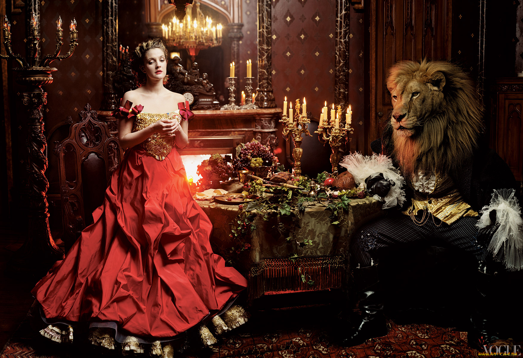 Drew, Barrymore, by, annie, leibovitz, девушки, свечи, лев, платье, актриса