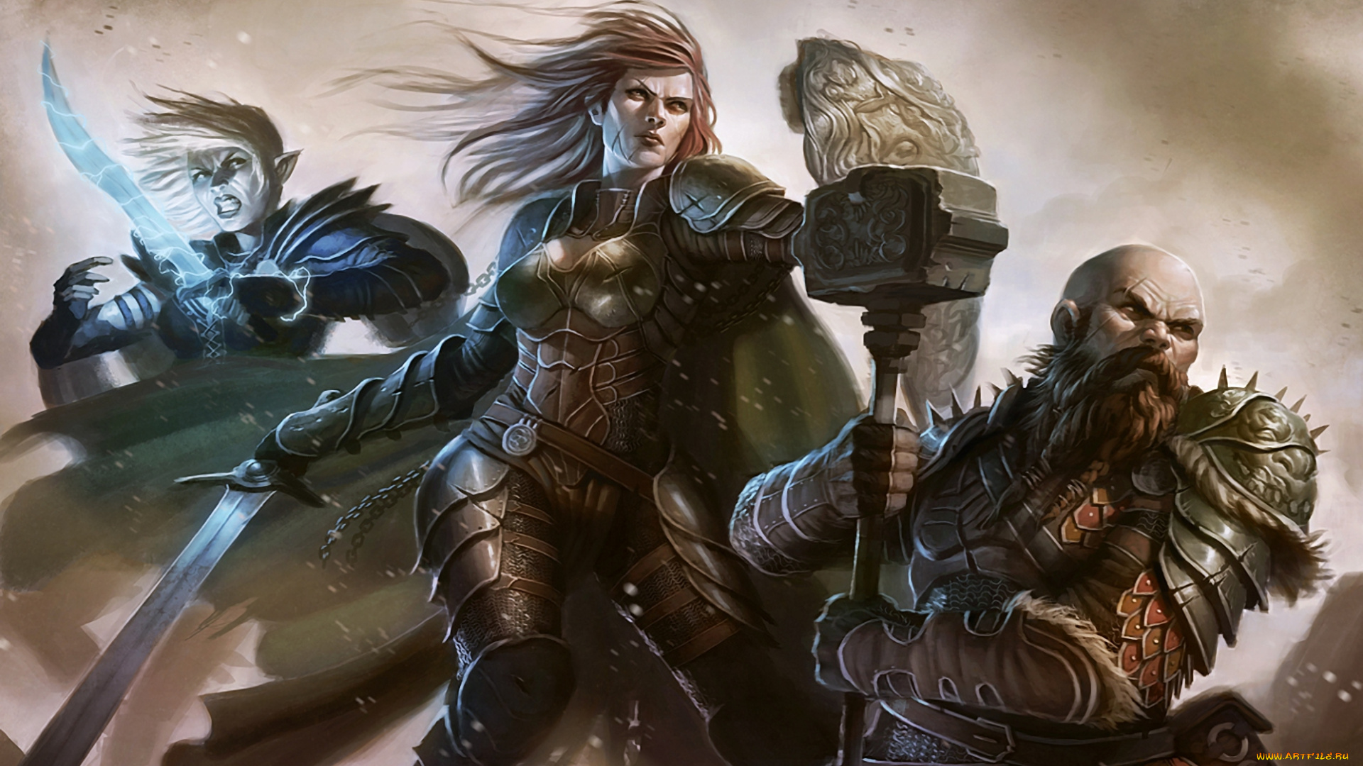 dave, rapoza, фэнтези, люди, старик, эльф, воительница