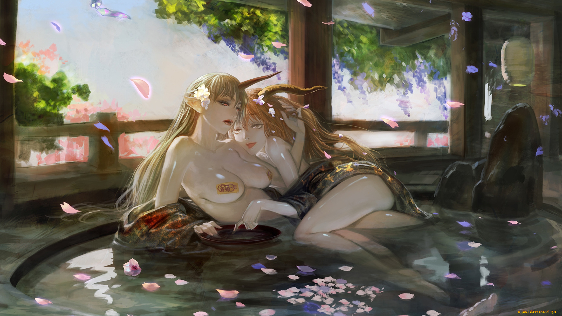 фэнтези, демоны, демоницы, ванна, лепестки, ню