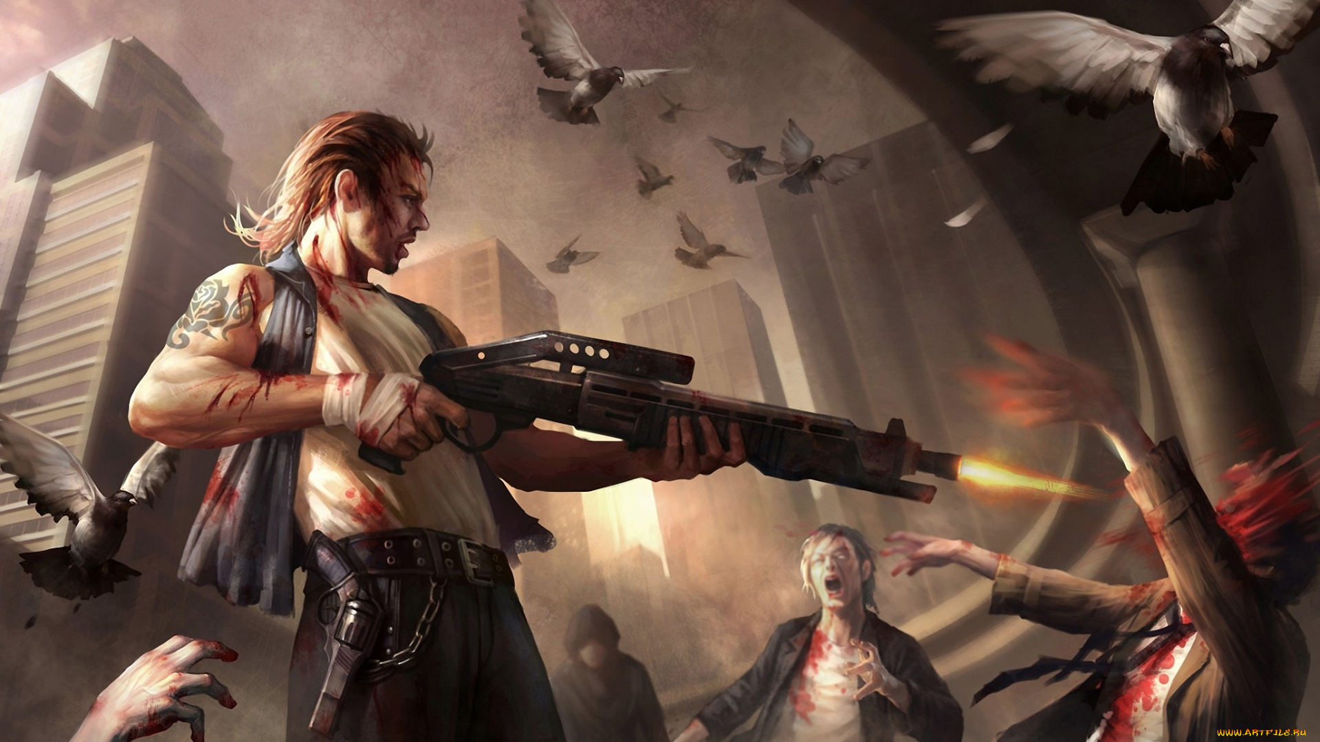 фэнтези, люди, зомби, голуби, дробовик