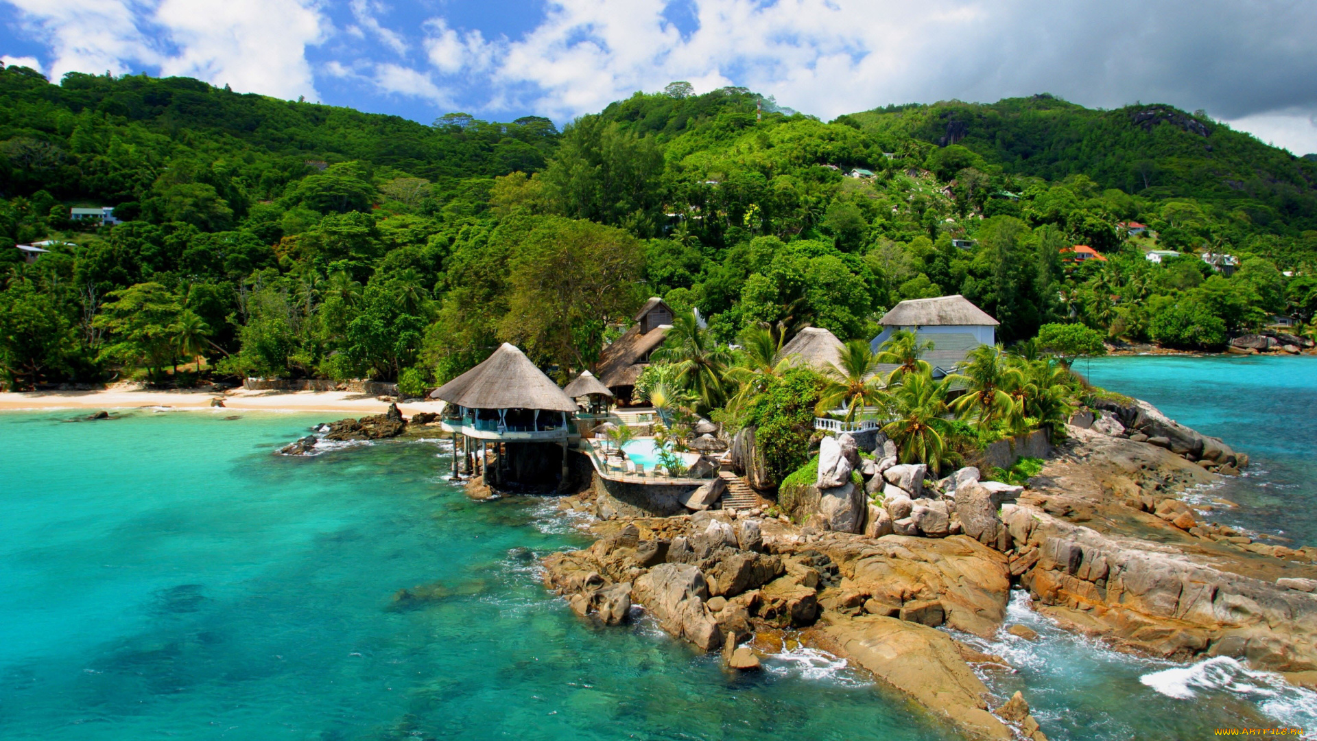 природа, тропики, море, лес, домики, скалы