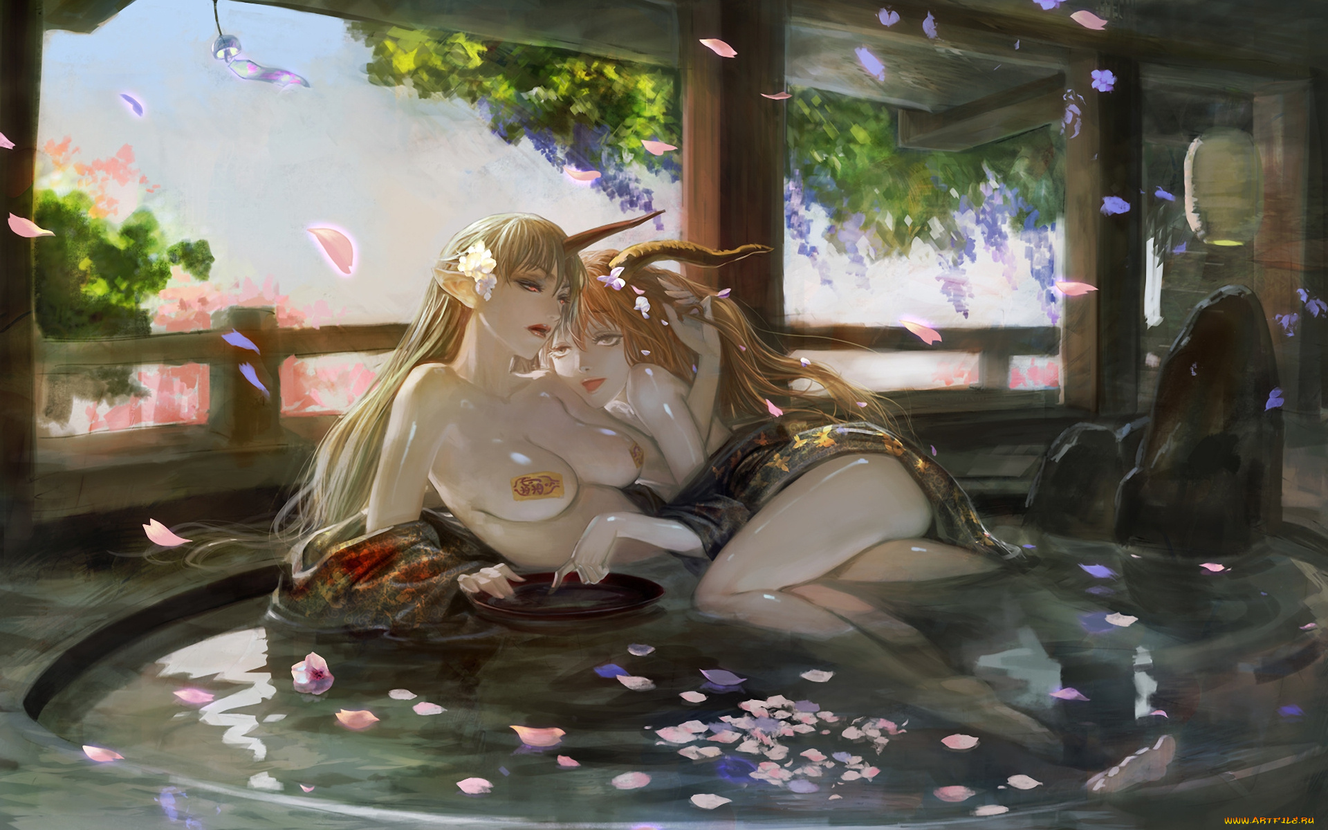 фэнтези, демоны, демоницы, ванна, лепестки, ню