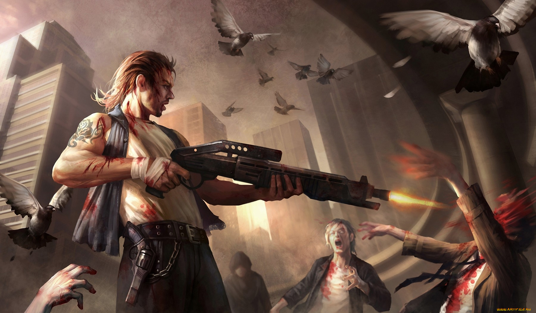 фэнтези, люди, зомби, голуби, дробовик
