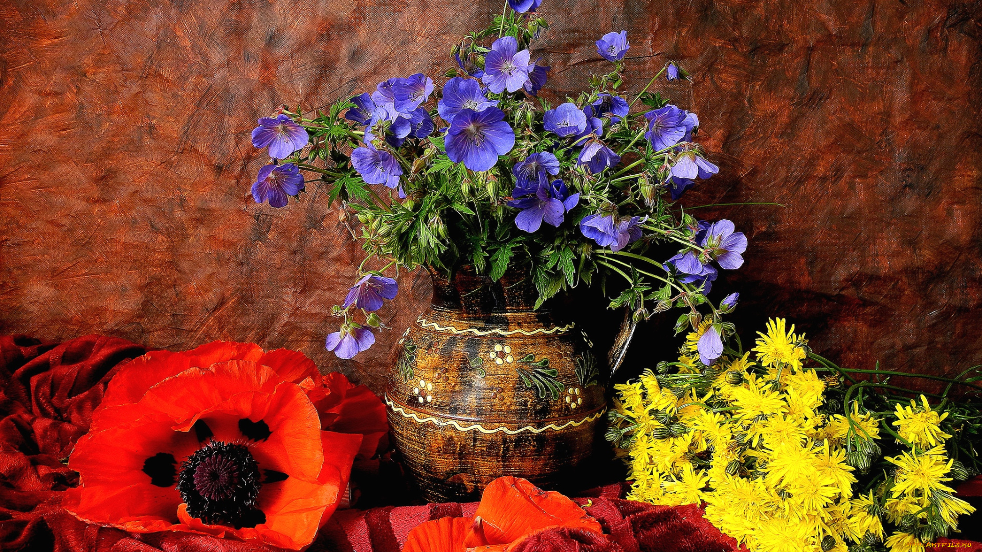 цветы, разные, вместе, мак, одуванчики, герань, цветочная, композиция