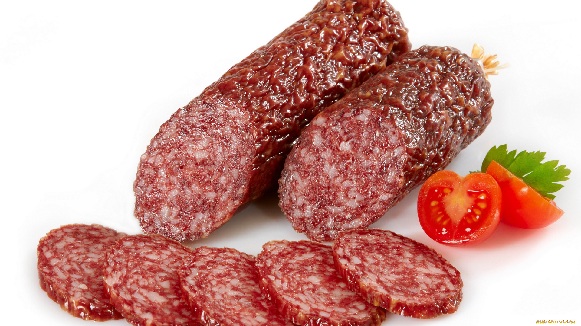 еда, колбасные, изделия, белый, фон, колбаса, разрез, кусочки, помидор