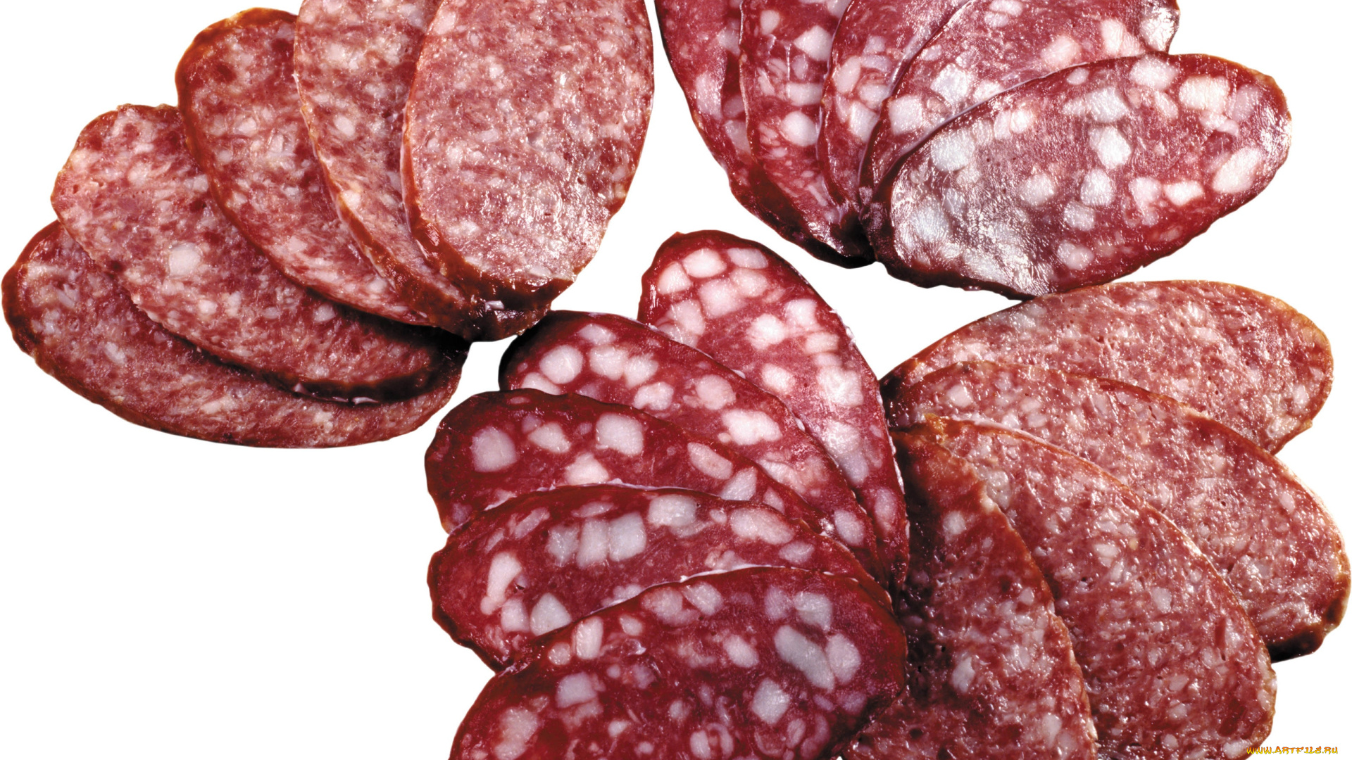 еда, колбасные, изделия, колбасы, дольки, разрез, белый, фон