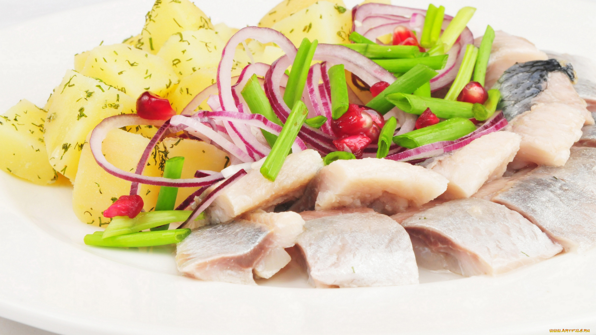 еда, рыбные, блюда, морепродуктами, картофель, лук, селёдка, тарелка