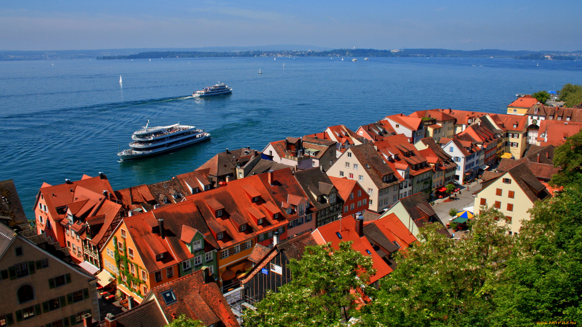 германия, меерсбург, города, панорамы, дома, река